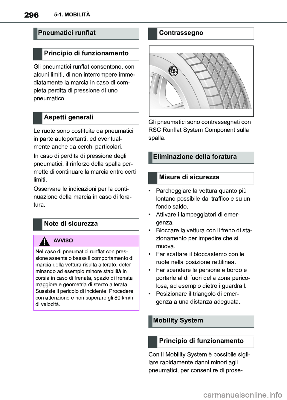 TOYOTA SUPRA 2021  Manuale duso (in Italian) 2965-1. MOBILITÀ
Supra Owners Manual_L (from Nov. 20 Prod.)Gli pneumatici runflat consentono, con 
alcuni limiti, di non interrompere imme-
diatamente la marcia in caso di com-
pleta perdita di pre