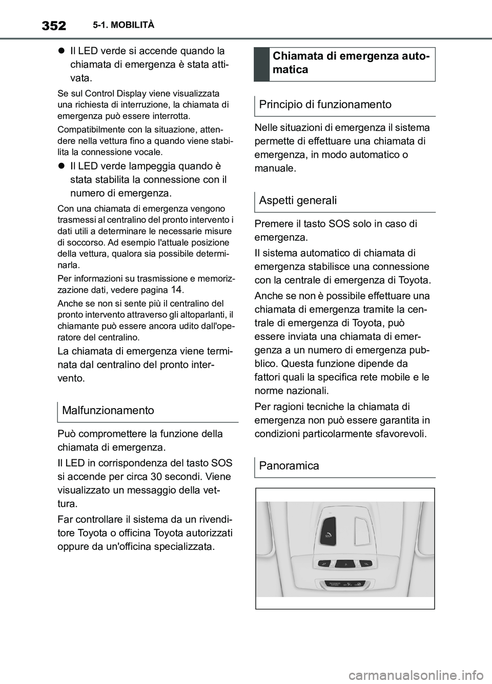 TOYOTA SUPRA 2021 Manuale duso (in Italian) 3525-1. MOBILITÀ
Supra Owners Manual_L (from Nov. 20 Prod.)Il LED verde si accende quando la
chiamata di emergenza è stata atti-
vata.
Se sul Control Display viene visualizzata
una richiesta TOYOTA SUPRA 2021 Manuale duso (in Italian) 3525-1. MOBILITÀ
Supra Owners Manual_L (from Nov. 20 Prod.)Il LED verde si accende quando la
chiamata di emergenza è stata atti-
vata.
Se sul Control Display viene visualizzata
una richiesta