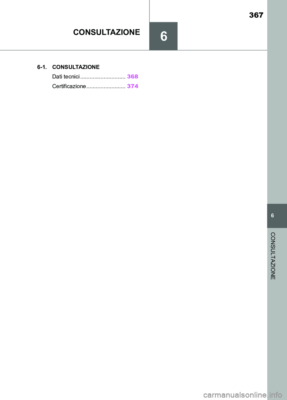 TOYOTA SUPRA 2021 Manuale duso (in Italian) 6
367
6
CONSULTAZIONE
Supra Owners Manual_L (from Nov. 20 Prod.)
CONSULTAZIONE
.6-1. CONSULTAZIONE
Dati tecnici .............................368
Certificazione .........................374
Supra_OM_ TOYOTA SUPRA 2021 Manuale duso (in Italian) 6
367
6
CONSULTAZIONE
Supra Owners Manual_L (from Nov. 20 Prod.)
CONSULTAZIONE
.6-1. CONSULTAZIONE
Dati tecnici .............................368
Certificazione .........................374
Supra_OM_