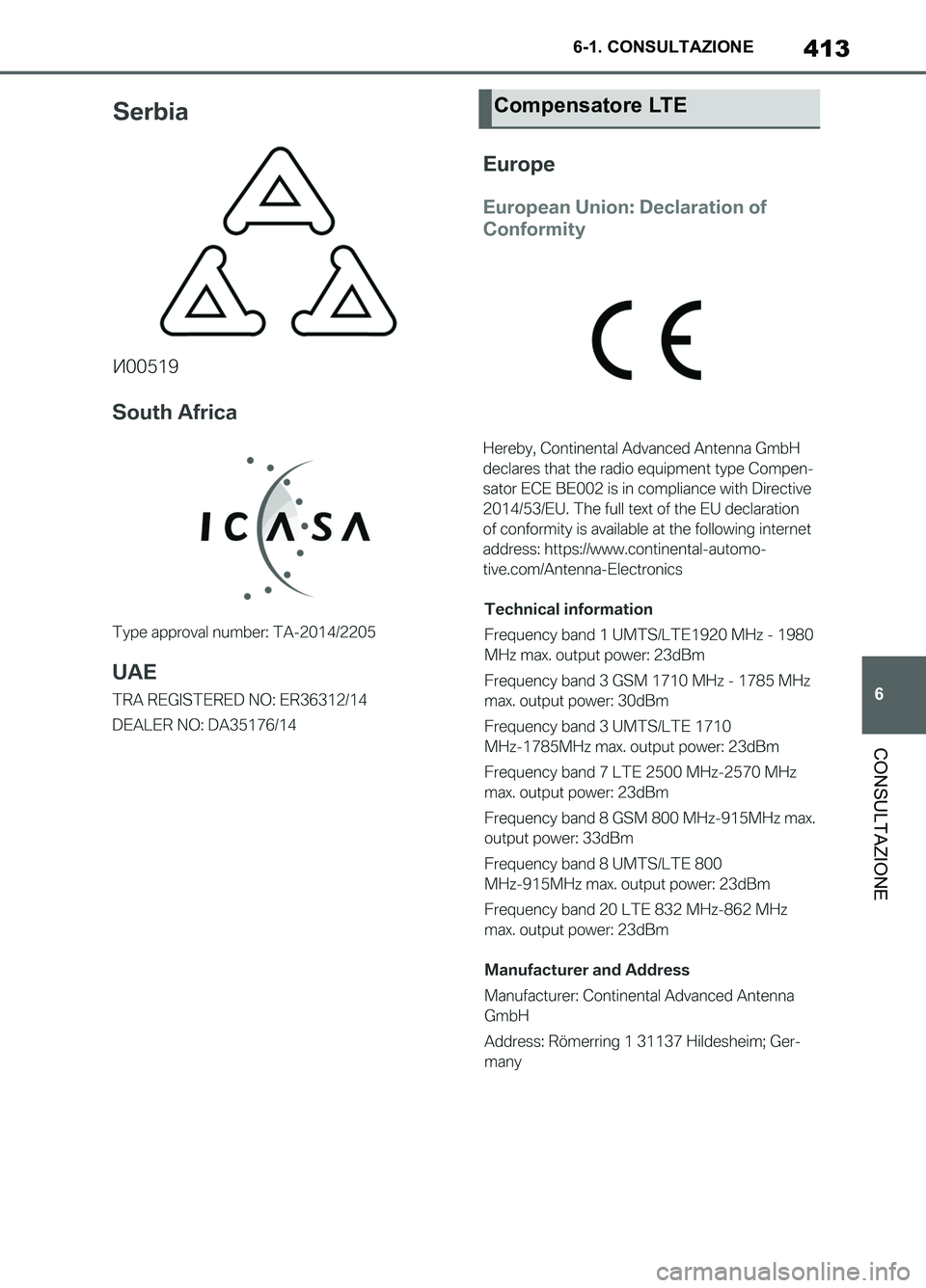 TOYOTA SUPRA 2021 Manuale duso (in Italian) 413
6 6-1. CONSULTAZIONE
CONSULTAZIONE
Supra Owners Manual_L (from Nov. 20 Prod.)
Compensatore LTE
Supra_OM_Italian_OM99X81L_1_2011.book 413 ページ 2020年8月28日 金曜日 TOYOTA SUPRA 2021 Manuale duso (in Italian) 413
6 6-1. CONSULTAZIONE
CONSULTAZIONE
Supra Owners Manual_L (from Nov. 20 Prod.)
Compensatore LTE
Supra_OM_Italian_OM99X81L_1_2011.book 413 ページ 2020年8月28日 金曜日