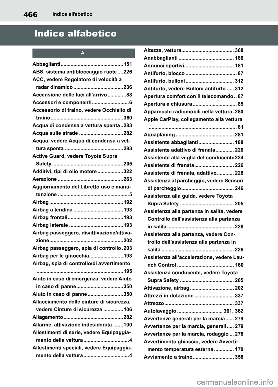 TOYOTA SUPRA 2021 Manuale duso (in Italian) 466Indice alfabetico
Supra Owners Manual_L (from Nov. 20 Prod.)
Indice alfabetico
A
Abbaglianti ............................................ 151
ABS, sistema antibloccaggio ruote .... 226
ACC, veder TOYOTA SUPRA 2021 Manuale duso (in Italian) 466Indice alfabetico
Supra Owners Manual_L (from Nov. 20 Prod.)
Indice alfabetico
A
Abbaglianti ............................................ 151
ABS, sistema antibloccaggio ruote .... 226
ACC, veder