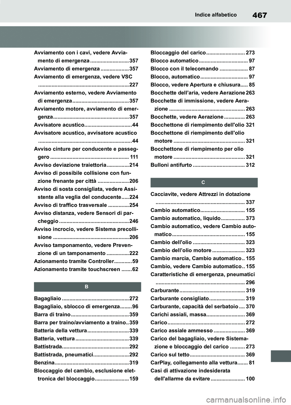 TOYOTA SUPRA 2021 Manuale duso (in Italian) 467Indice alfabetico
Supra Owners Manual_L (from Nov. 20 Prod.)
Avviamento con i cavi, vedere Avvia-
mento di emergenza .......................... 357
Avviamento di emergenza ................... 357 TOYOTA SUPRA 2021 Manuale duso (in Italian) 467Indice alfabetico
Supra Owners Manual_L (from Nov. 20 Prod.)
Avviamento con i cavi, vedere Avvia-
mento di emergenza .......................... 357
Avviamento di emergenza ................... 357