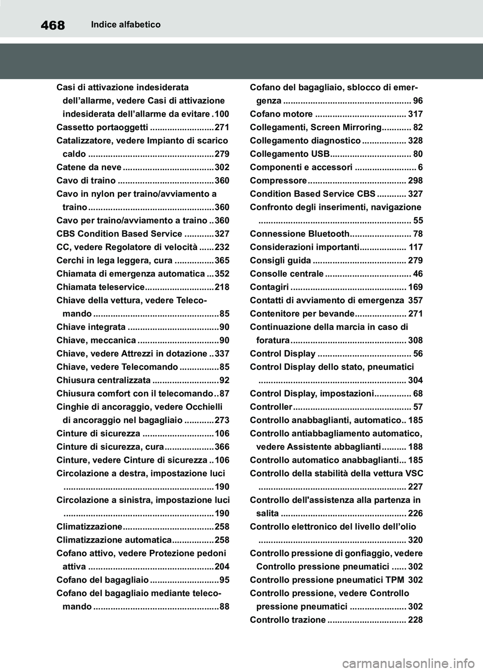 TOYOTA SUPRA 2021 Manuale duso (in Italian) 468Indice alfabetico
Supra Owners Manual_L (from Nov. 20 Prod.)
Casi di attivazione indesiderata
dell’allarme, vedere Casi di attivazione
indesiderata dell’allarme da evitare . 100
Cassetto po TOYOTA SUPRA 2021 Manuale duso (in Italian) 468Indice alfabetico
Supra Owners Manual_L (from Nov. 20 Prod.)
Casi di attivazione indesiderata
dell’allarme, vedere Casi di attivazione
indesiderata dell’allarme da evitare . 100
Cassetto po