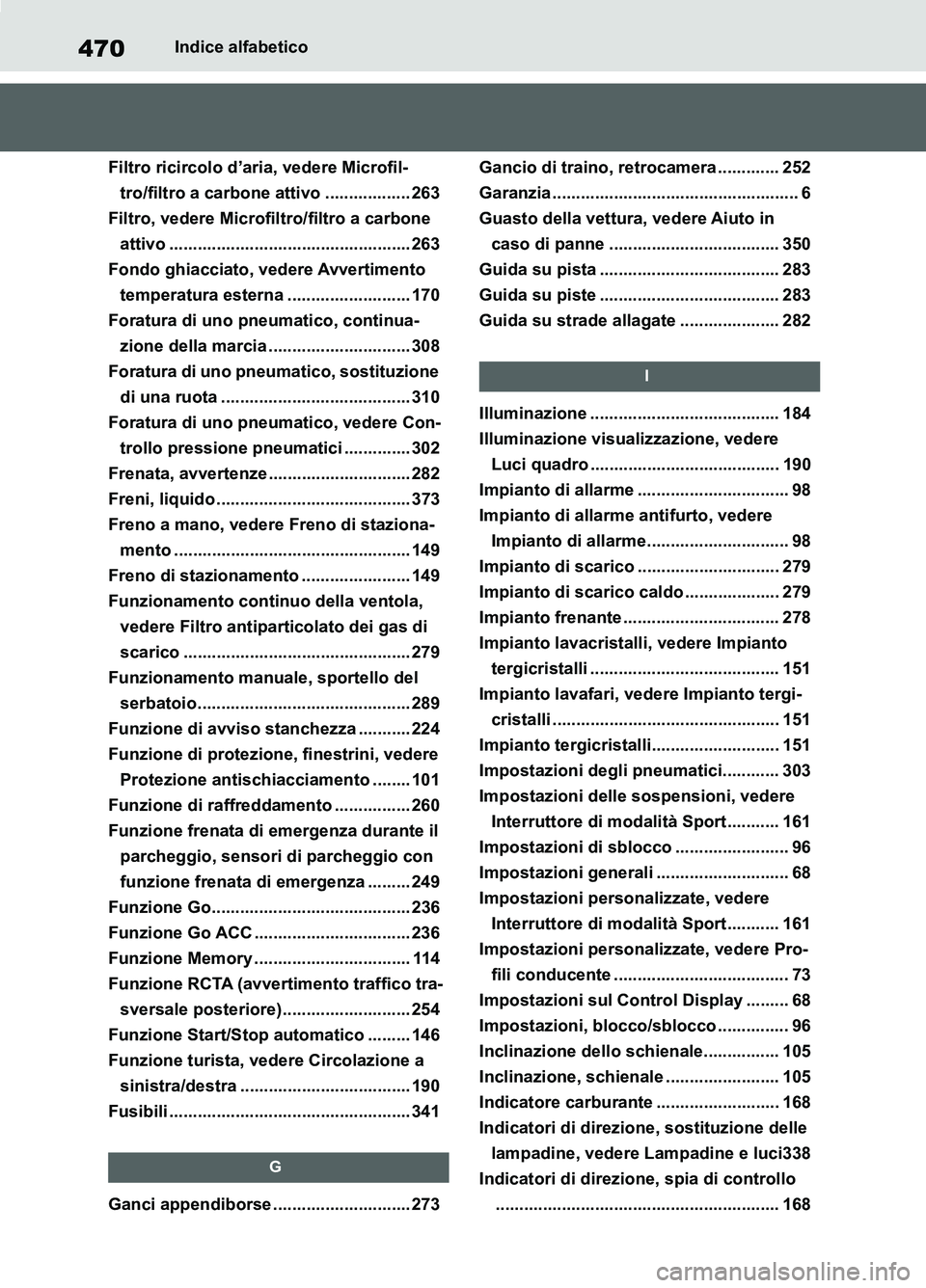 TOYOTA SUPRA 2021 Manuale duso (in Italian) 470Indice alfabetico
Supra Owners Manual_L (from Nov. 20 Prod.)
Filtro ricircolo d’aria, vedere Microfil-
tro/filtro a carbone attivo .................. 263
Filtro, vedere Microfiltro/filtro a car TOYOTA SUPRA 2021 Manuale duso (in Italian) 470Indice alfabetico
Supra Owners Manual_L (from Nov. 20 Prod.)
Filtro ricircolo d’aria, vedere Microfil-
tro/filtro a carbone attivo .................. 263
Filtro, vedere Microfiltro/filtro a car