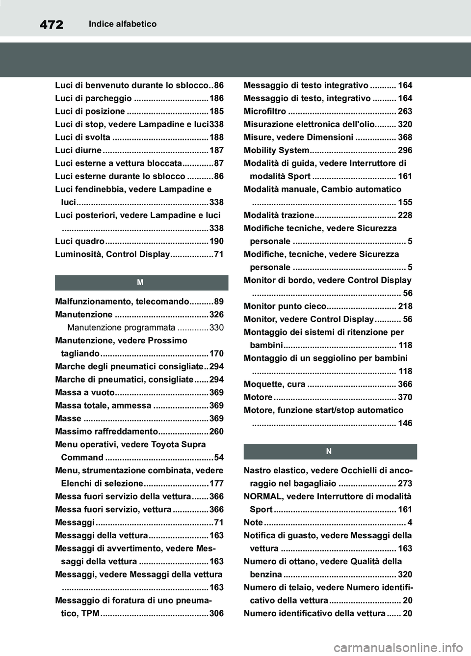 TOYOTA SUPRA 2021 Manuale duso (in Italian) 472Indice alfabetico
Supra Owners Manual_L (from Nov. 20 Prod.)
Luci di benvenuto durante lo sblocco.. 86
Luci di parcheggio ............................... 186
Luci di posizione ................... TOYOTA SUPRA 2021 Manuale duso (in Italian) 472Indice alfabetico
Supra Owners Manual_L (from Nov. 20 Prod.)
Luci di benvenuto durante lo sblocco.. 86
Luci di parcheggio ............................... 186
Luci di posizione ...................