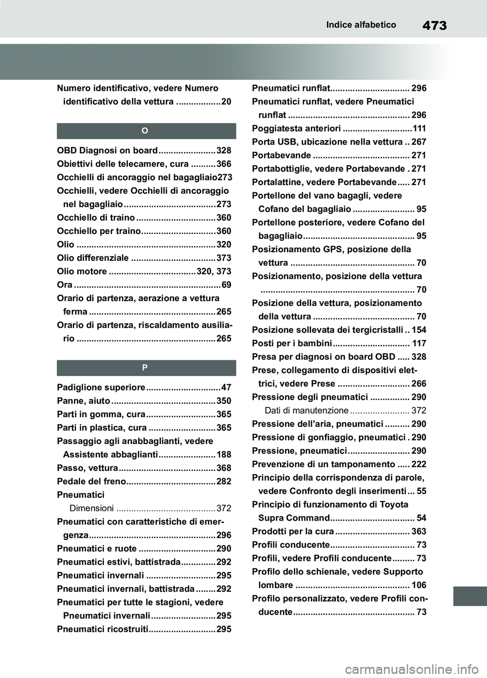 TOYOTA SUPRA 2021 Manuale duso (in Italian) 473Indice alfabetico
Supra Owners Manual_L (from Nov. 20 Prod.)
Numero identificativo, vedere Numero
identificativo della vettura .................. 20
O
OBD Diagnosi on board ..................... TOYOTA SUPRA 2021 Manuale duso (in Italian) 473Indice alfabetico
Supra Owners Manual_L (from Nov. 20 Prod.)
Numero identificativo, vedere Numero
identificativo della vettura .................. 20
O
OBD Diagnosi on board .....................