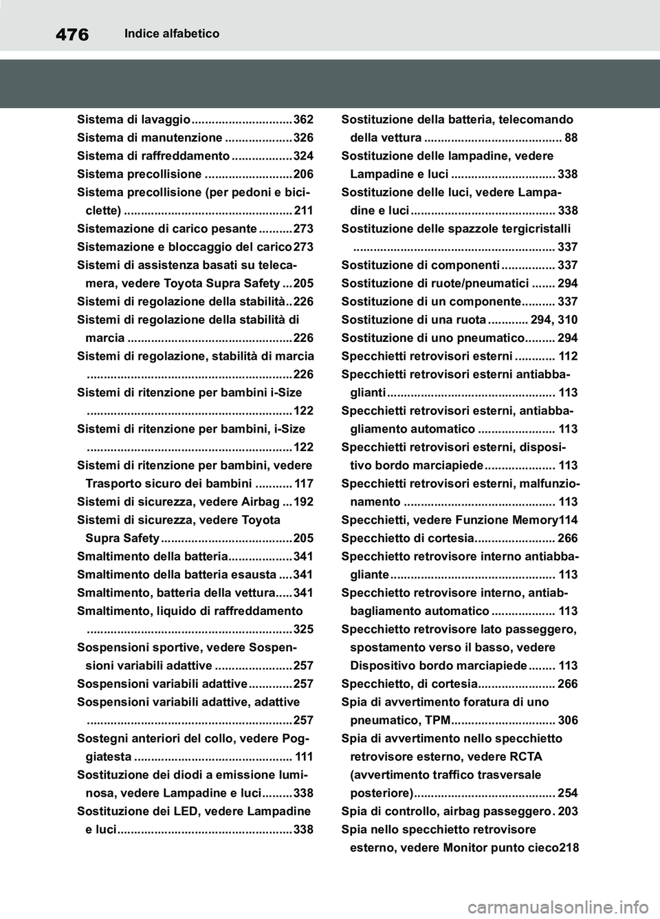 TOYOTA SUPRA 2021 Manuale duso (in Italian) 476Indice alfabetico
Supra Owners Manual_L (from Nov. 20 Prod.)
Sistema di lavaggio .............................. 362
Sistema di manutenzione .................... 326
Sistema di raffreddamento .... TOYOTA SUPRA 2021 Manuale duso (in Italian) 476Indice alfabetico
Supra Owners Manual_L (from Nov. 20 Prod.)
Sistema di lavaggio .............................. 362
Sistema di manutenzione .................... 326
Sistema di raffreddamento ....