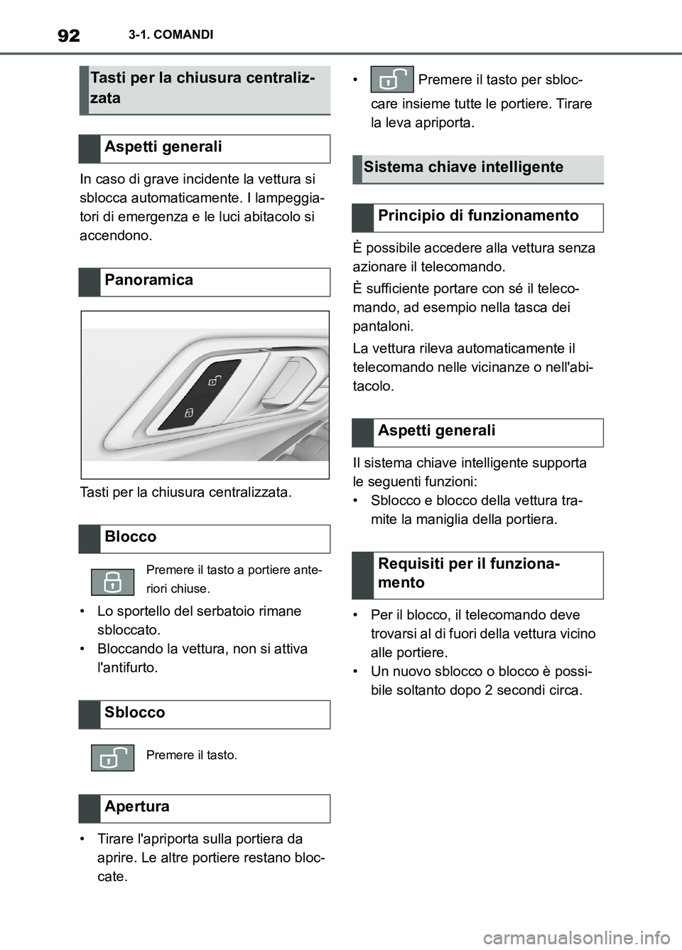 TOYOTA SUPRA 2021  Manuale duso (in Italian) 923-1. COMANDI
Supra Owners Manual_L (from Nov. 20 Prod.)In caso di grave incidente la vettura si 
sblocca automaticamente. I lampeggia-
tori di emergenza e le luci abitacolo si 
accendono.
Tasti pe