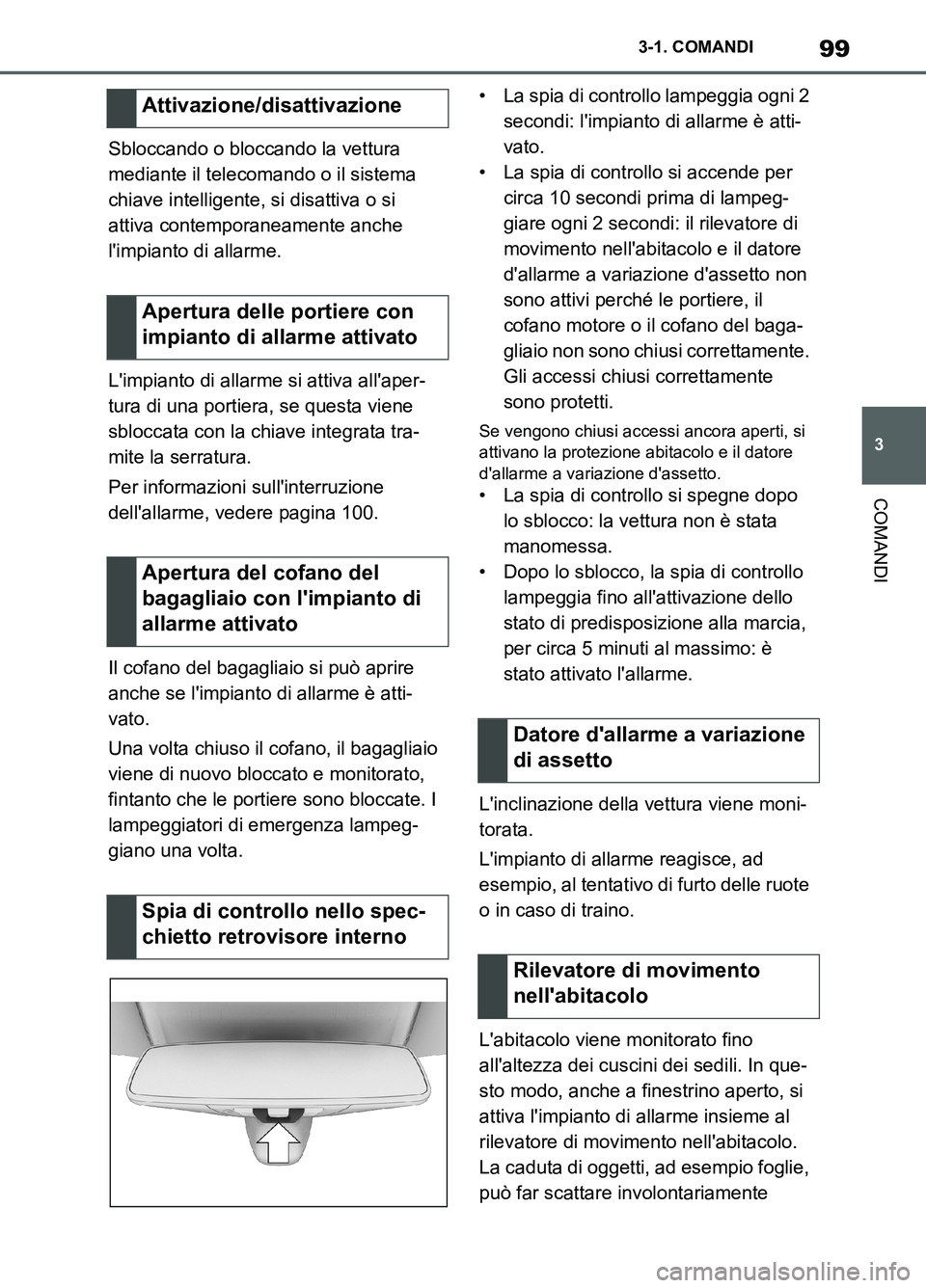 TOYOTA SUPRA 2021  Manuale duso (in Italian) 99
3 3-1. COMANDI
COMANDI
Supra Owners Manual_L (from Nov. 20 Prod.)Sbloccando o bloccando la vettura 
mediante il telecomando o il sistema 
chiave intelligente, si disattiva o si 
attiva contempora