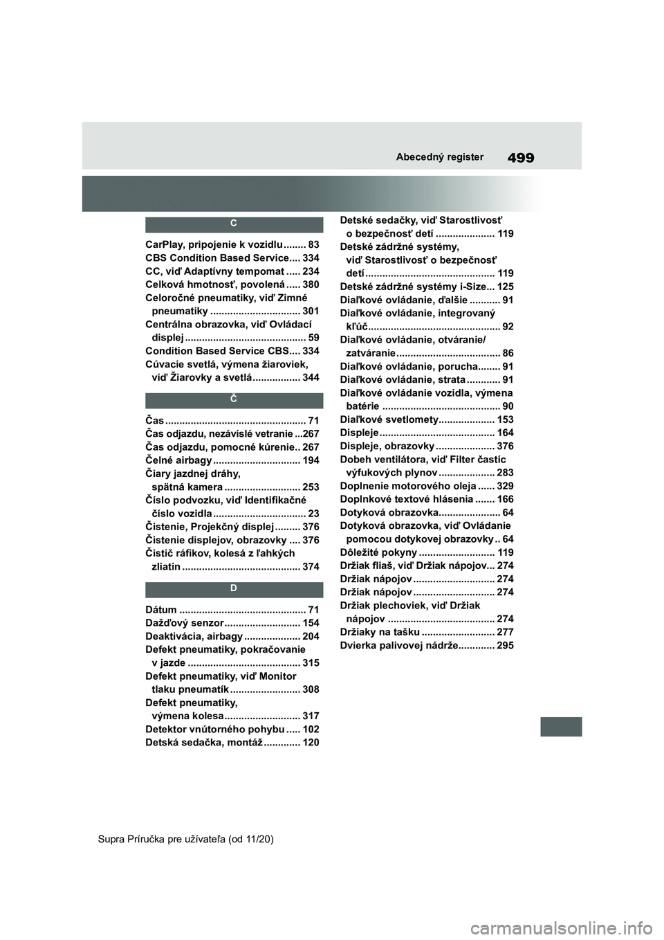 TOYOTA SUPRA 2021  Návod na použitie (in Slovakian) 499Abecedný register
Supra Príručka pre užívateľa (od 11/20)
 C 
CarPlay, pripojenie k vozidlu ........83
CBS Condition Based Service....334
CC, viď Adaptívny tempomat .....234
Celková hmotno