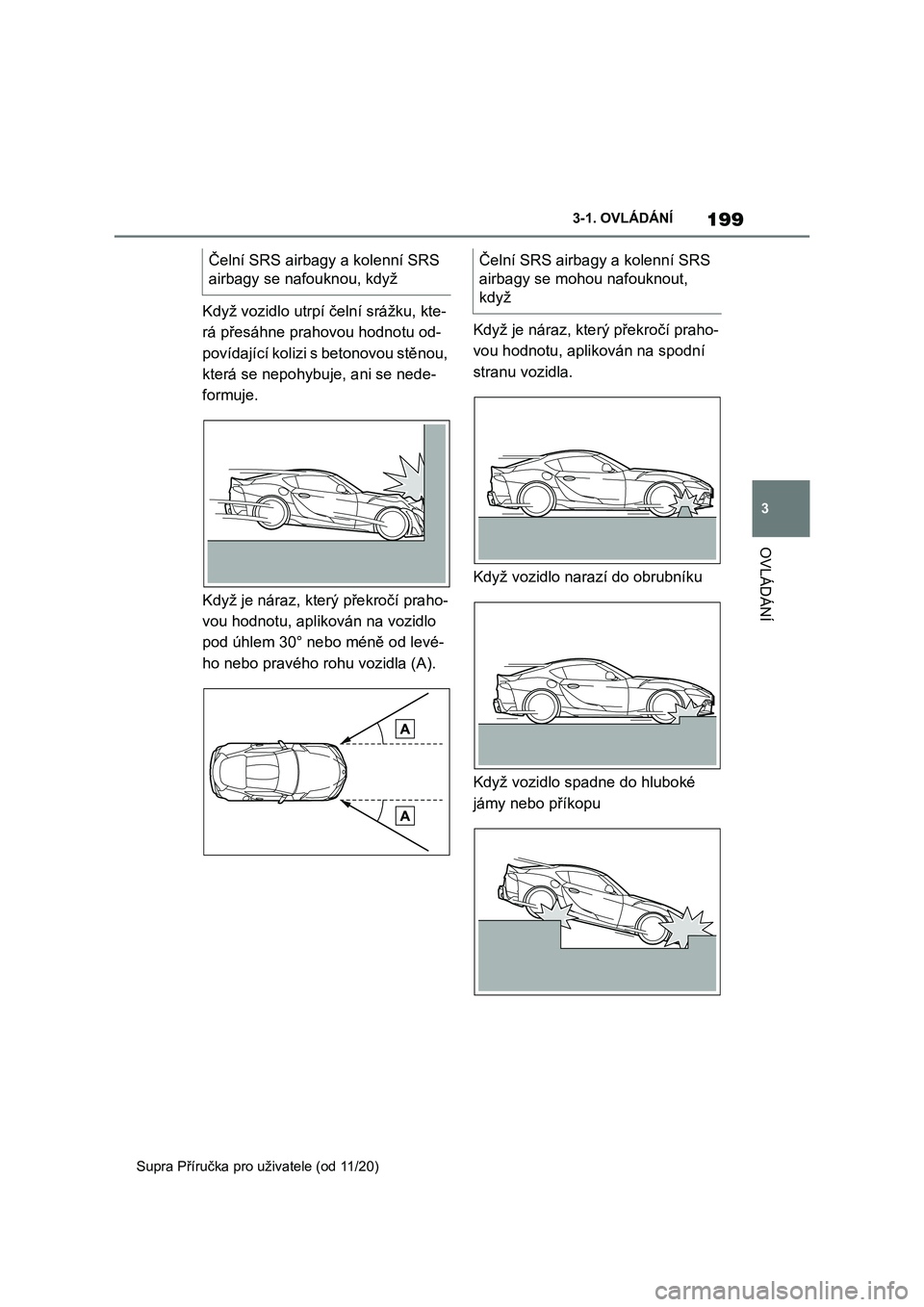TOYOTA SUPRA 2021 Návod na použití (in Czech) 199
3
3-1. OVLÁDÁNÍ
OVLÁDÁNÍ
Supra Příručka pro uživatele (od 11/20)
Když vozidlo utrpí čelní srážku, kte-
rá přesáhne prahovou hodnotu od-
povídající kolizi s betonovou stěno TOYOTA SUPRA 2021 Návod na použití (in Czech) 199
3
3-1. OVLÁDÁNÍ
OVLÁDÁNÍ
Supra Příručka pro uživatele (od 11/20)
Když vozidlo utrpí čelní srážku, kte-
rá přesáhne prahovou hodnotu od-
povídající kolizi s betonovou stěno