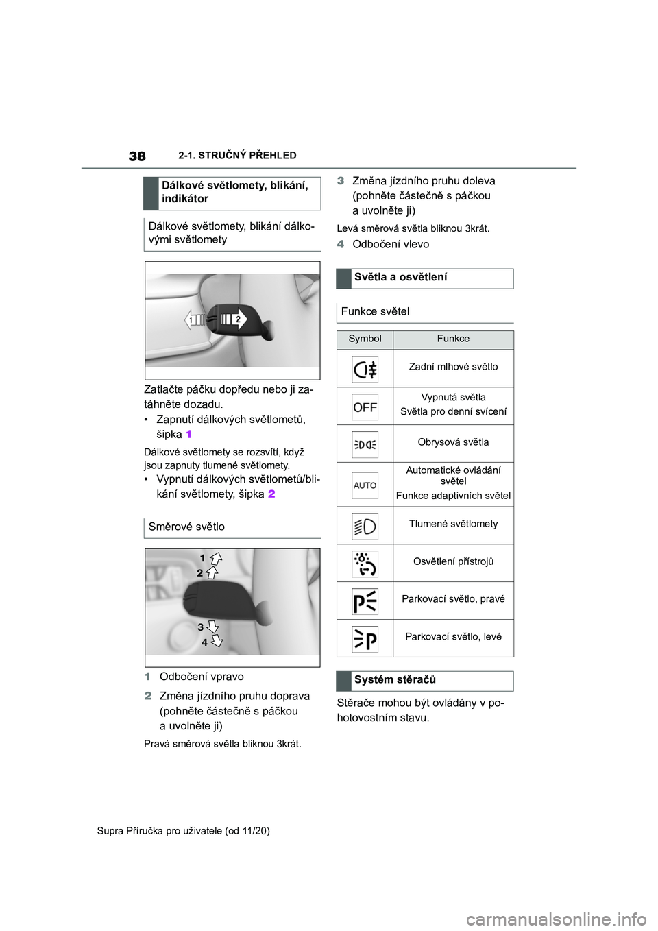 TOYOTA SUPRA 2021  Návod na použití (in Czech) 382-1. STRUČNÝ PŘEHLED 
Supra Příručka pro uživatele (od 11/20)
Zatlačte páčku dopředu nebo ji za- 
táhněte dozadu.
• Zapnutí dálkových světlometů, 
šipka  1
Dálkové světlomety