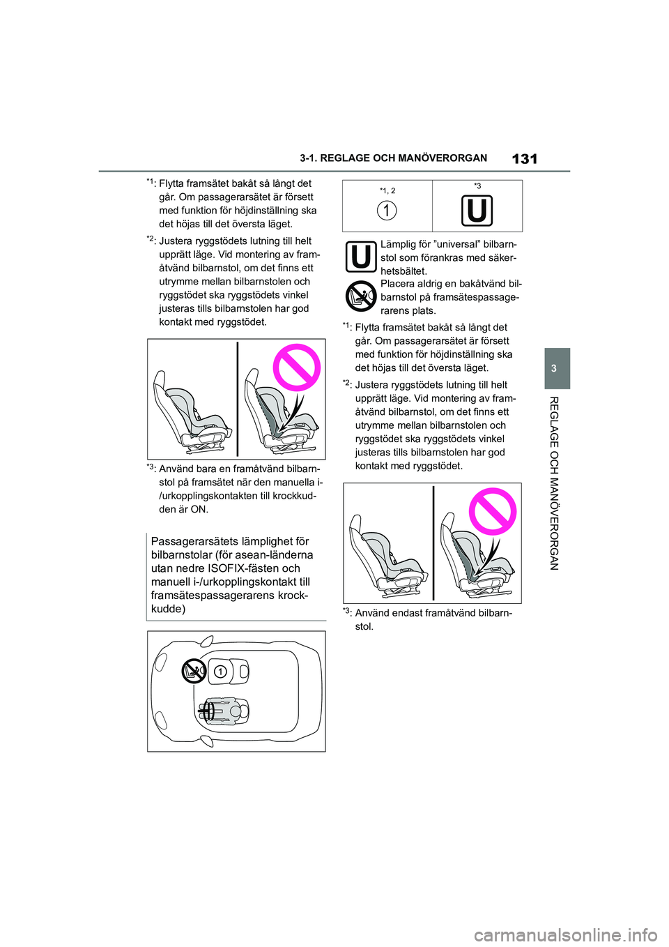 TOYOTA SUPRA 2021  Bruksanvisningar (in Swedish) 131
3
3-1. REGLAGE O
CH MANÖVERORGAN
REGLAGE OCH MANÖVERORGAN
Supra Owners Manual_E (from Nov. 20 Prod.)
*1: Flytta framsätet bakåt så långt det 
går. Om passagerarsätet är försett 
med fu