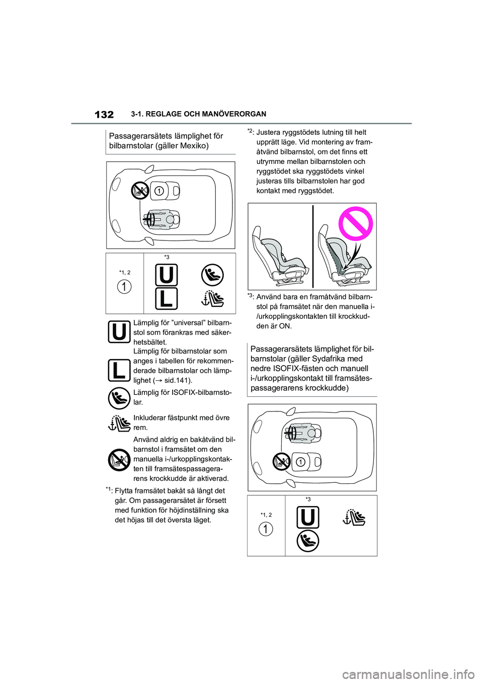 TOYOTA SUPRA 2021  Bruksanvisningar (in Swedish) 1323-1. REGLAGE OCH MANÖVERORGAN
Supra Owners Manual_E (from Nov. 20 Prod.)
*1: Flytta framsätet bakåt så långt det  går. Om passagerarsätet är försett 
med funktion för höjdinställning 