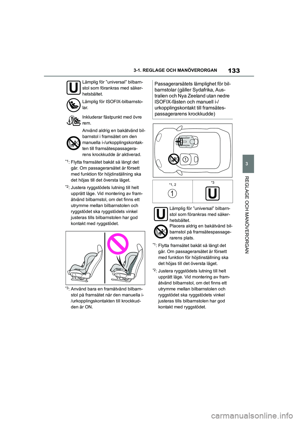TOYOTA SUPRA 2021  Bruksanvisningar (in Swedish) 133
3
3-1. REGLAGE O
CH MANÖVERORGAN
REGLAGE OCH MANÖVERORGAN
Supra Owners Manual_E (from Nov. 20 Prod.)
*1: Flytta framsätet bakåt så långt det 
går. Om passagerarsätet är försett 
med fu