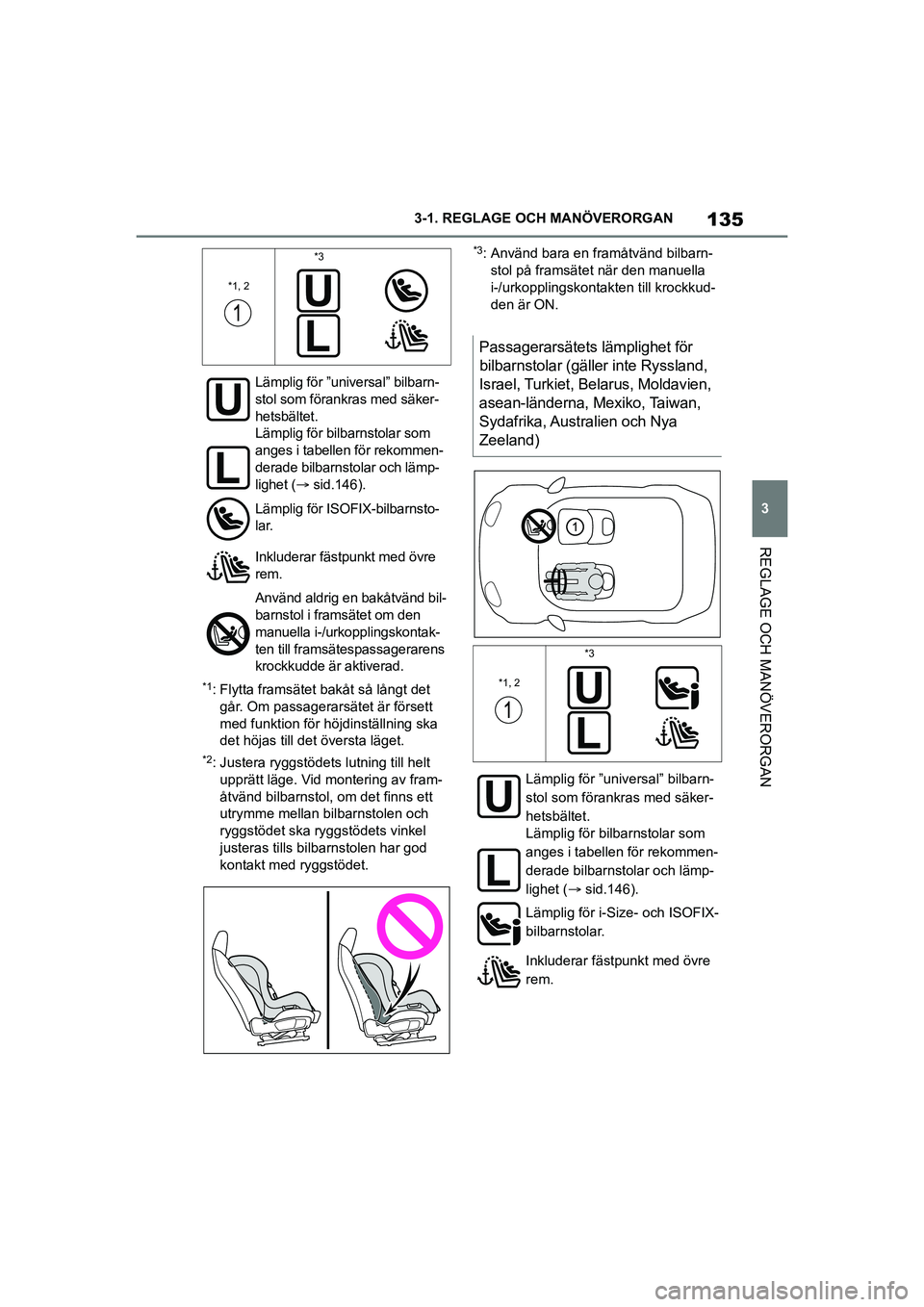 TOYOTA SUPRA 2021  Bruksanvisningar (in Swedish) 135
3
3-1. REGLAGE O
CH MANÖVERORGAN
REGLAGE OCH MANÖVERORGAN
Supra Owners Manual_E (from Nov. 20 Prod.)
*1: Flytta framsätet bakåt så långt det 
går. Om passagerarsätet är försett 
med fu