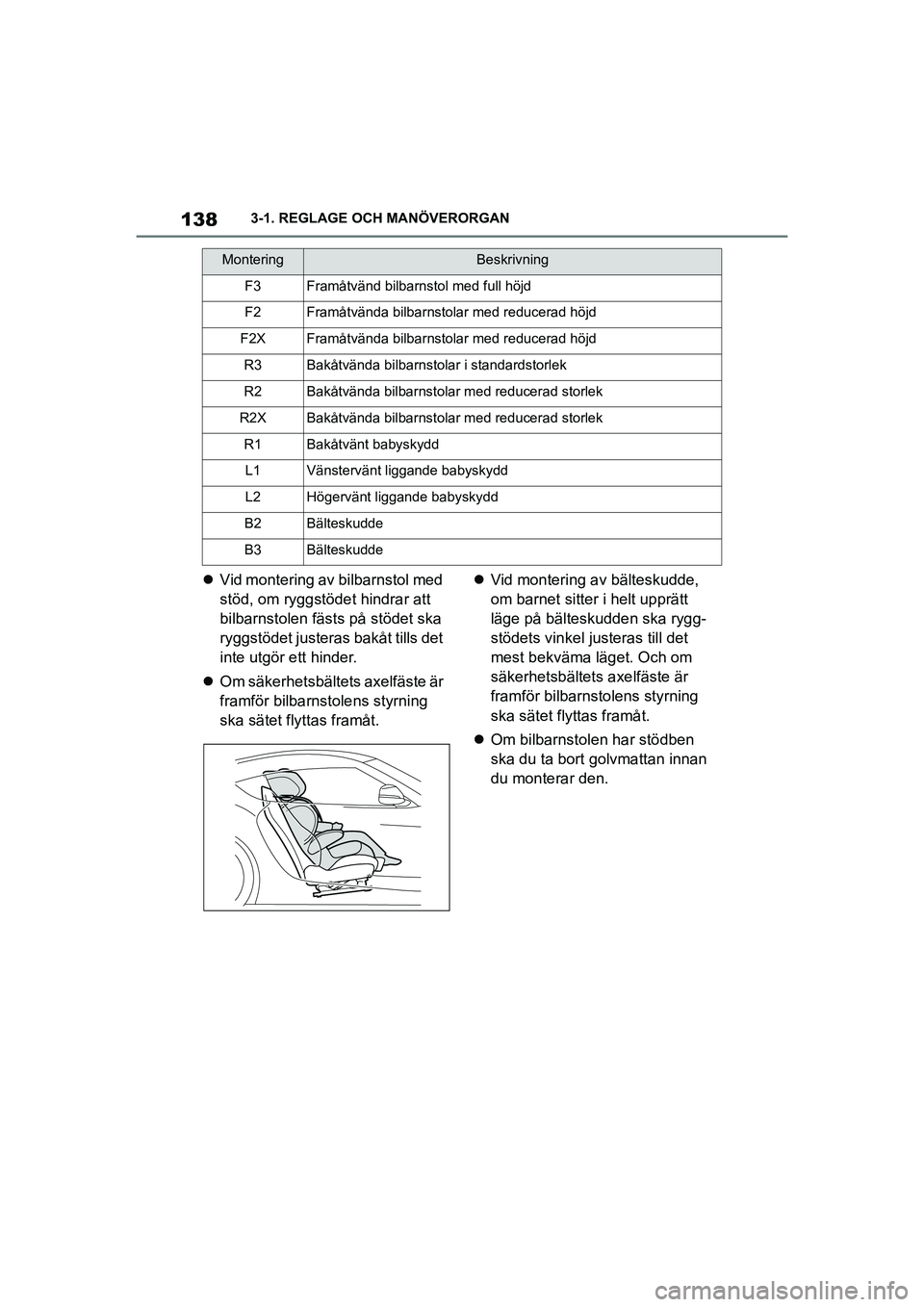 TOYOTA SUPRA 2021  Bruksanvisningar (in Swedish) 1383-1. REGLAGE OCH MANÖVERORGAN
Supra Owners Manual_E (from Nov. 20 Prod.)
 Vid montering av bilbarnstol med 
stöd, om ryggstödet hindrar att 
bilbarnstolen fästs på stödet ska 
ryggstöde