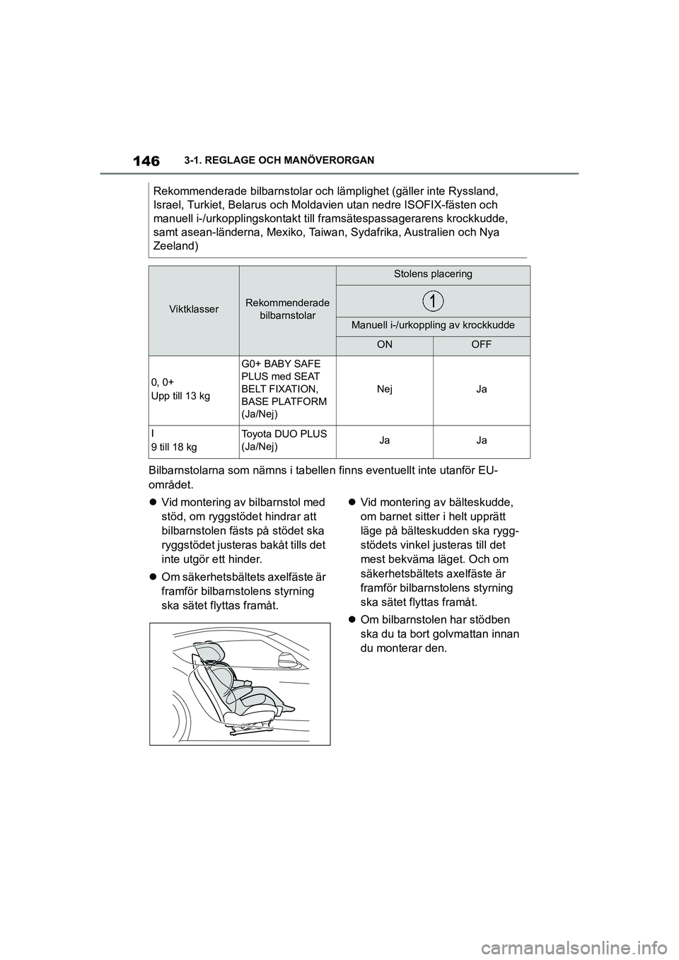 TOYOTA SUPRA 2021  Bruksanvisningar (in Swedish) 1463-1. REGLAGE OCH MANÖVERORGAN
Supra Owners Manual_E (from Nov. 20 Prod.)
Bilbarnstolarna som nämns i tabellen  finns eventuellt inte utanför EU-
området.
 Vid montering av bilbarnstol med 