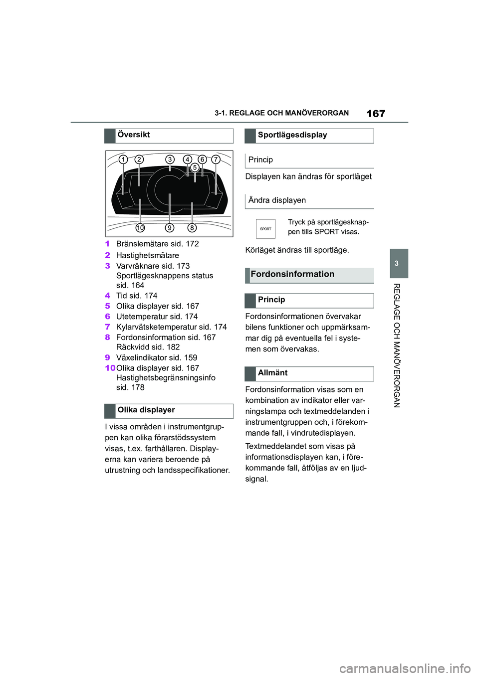 TOYOTA SUPRA 2021 Bruksanvisningar (in Swedish) 167
3
3-1. REGLAGE O
CH MANÖVERORGAN
REGLAGE OCH MANÖVERORGAN
Supra Owners Manual_E (from Nov. 20 Prod.)
1Bränslemätare sid. 172
2 Hastighetsmätare
3 Varvräknare sid. 173
Sportlägesknappens s TOYOTA SUPRA 2021 Bruksanvisningar (in Swedish) 167
3
3-1. REGLAGE O
CH MANÖVERORGAN
REGLAGE OCH MANÖVERORGAN
Supra Owners Manual_E (from Nov. 20 Prod.)
1Bränslemätare sid. 172
2 Hastighetsmätare
3 Varvräknare sid. 173
Sportlägesknappens s