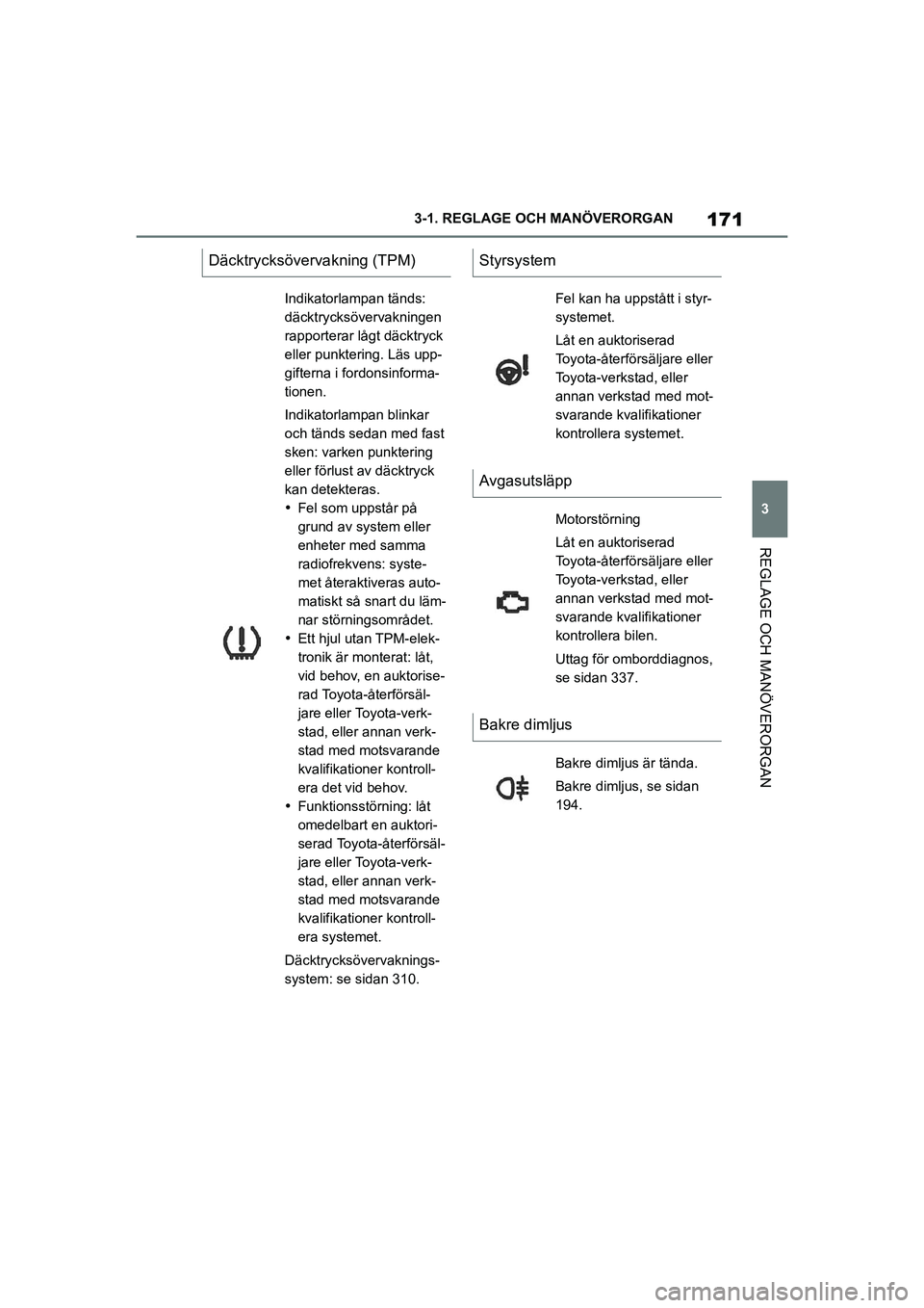 TOYOTA SUPRA 2021  Bruksanvisningar (in Swedish) 171
3
3-1. REGLAGE O
CH MANÖVERORGAN
REGLAGE OCH MANÖVERORGAN
Supra Owners Manual_E (from Nov. 20 Prod.)
Däcktrycksövervakning (TPM)
Indikatorlampan tänds: 
däcktrycksövervakningen 
rapporter