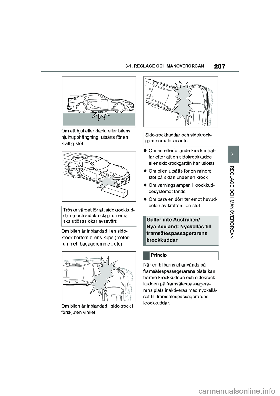 TOYOTA SUPRA 2021  Bruksanvisningar (in Swedish) 207
3
3-1. REGLAGE O
CH MANÖVERORGAN
REGLAGE OCH MANÖVERORGAN
Supra Owners Manual_E (from Nov. 20 Prod.)
Om ett hjul eller däck, eller bilens 
hjulhupphängning, utsätts för en 
kraftig stöt
O