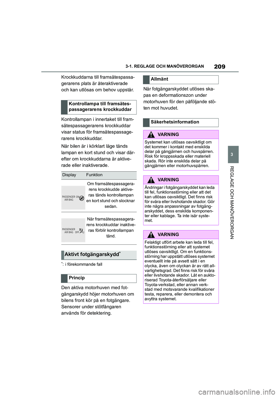 TOYOTA SUPRA 2021 Bruksanvisningar (in Swedish) 209
3
3-1. REGLAGE O
CH MANÖVERORGAN
REGLAGE OCH MANÖVERORGAN
Supra Owners Manual_E (from Nov. 20 Prod.)
Krockkuddarna till framsätespassa-
gerarens plats är återaktiverade
och kan utlösas om TOYOTA SUPRA 2021 Bruksanvisningar (in Swedish) 209
3
3-1. REGLAGE O
CH MANÖVERORGAN
REGLAGE OCH MANÖVERORGAN
Supra Owners Manual_E (from Nov. 20 Prod.)
Krockkuddarna till framsätespassa-
gerarens plats är återaktiverade
och kan utlösas om