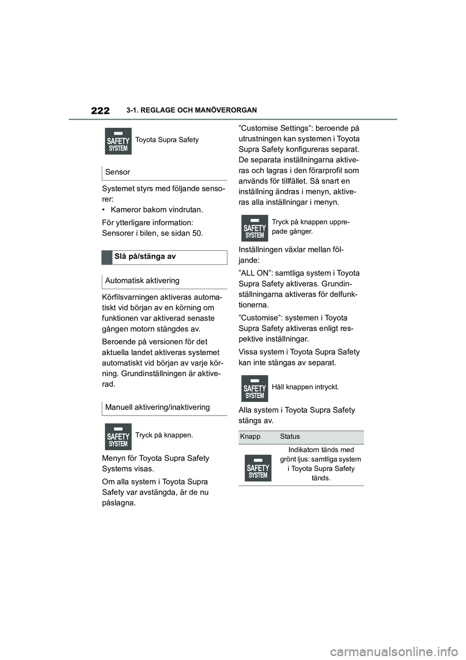 TOYOTA SUPRA 2021 Bruksanvisningar (in Swedish) 2223-1. REGLAGE OCH MANÖVERORGAN
Supra Owners Manual_E (from Nov. 20 Prod.)
Systemet styrs med följande senso-
rer:
• Kameror bakom vindrutan.
För ytterligare information:
Sensorer i bilen, se TOYOTA SUPRA 2021 Bruksanvisningar (in Swedish) 2223-1. REGLAGE OCH MANÖVERORGAN
Supra Owners Manual_E (from Nov. 20 Prod.)
Systemet styrs med följande senso-
rer:
• Kameror bakom vindrutan.
För ytterligare information:
Sensorer i bilen, se