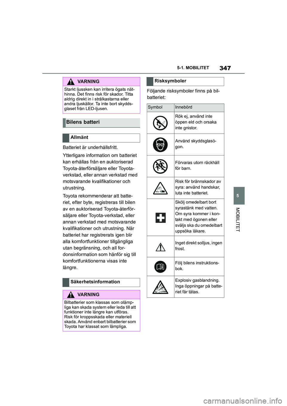 TOYOTA SUPRA 2021 Bruksanvisningar (in Swedish) 347
5
5-1. MOBILITET
MOBILITET
Supra Owners Manual_E (from Nov. 20 Prod.)
Batteriet är underhållsfritt.
Ytterligare information om batteriet
kan erhållas från en auktoriserad
Toyota-återförs TOYOTA SUPRA 2021 Bruksanvisningar (in Swedish) 347
5
5-1. MOBILITET
MOBILITET
Supra Owners Manual_E (from Nov. 20 Prod.)
Batteriet är underhållsfritt.
Ytterligare information om batteriet
kan erhållas från en auktoriserad
Toyota-återförs