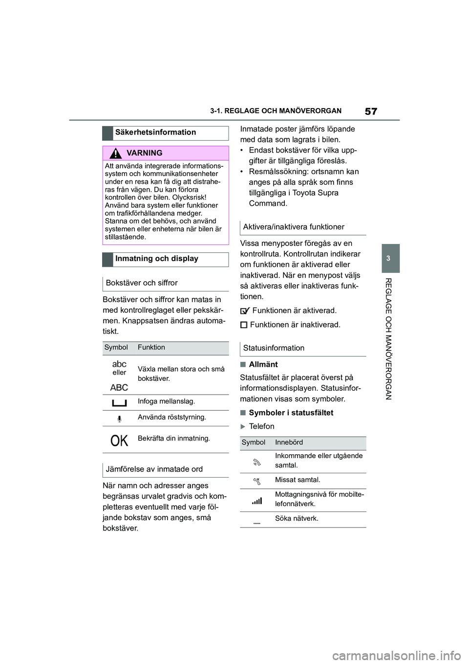 TOYOTA SUPRA 2021 Bruksanvisningar (in Swedish) 57
3
3-1. REGLAGE O
CH MANÖVERORGAN
REGLAGE OCH MANÖVERORGAN
Supra Owners Manual_E (from Nov. 20 Prod.)
Bokstäver och siffror kan matas in
med kontrollreglage t eller pekskär-
men. Knappsatsen TOYOTA SUPRA 2021 Bruksanvisningar (in Swedish) 57
3
3-1. REGLAGE O
CH MANÖVERORGAN
REGLAGE OCH MANÖVERORGAN
Supra Owners Manual_E (from Nov. 20 Prod.)
Bokstäver och siffror kan matas in
med kontrollreglage t eller pekskär-
men. Knappsatsen