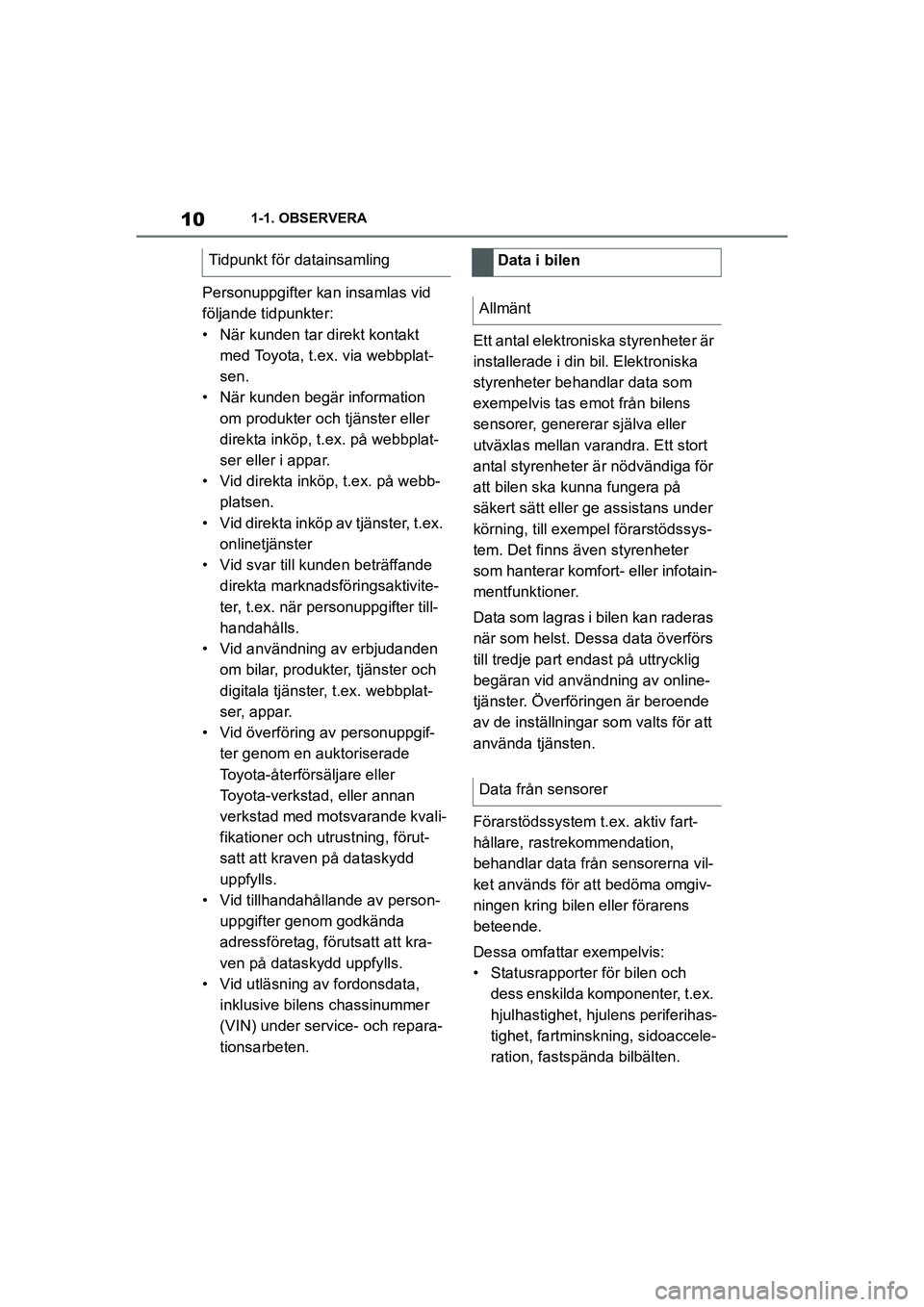 TOYOTA SUPRA 2021  Bruksanvisningar (in Swedish) 101-1. OBSERVERA
Supra Owners Manual_E (from Nov. 20 Prod.)
Personuppgifter kan insamlas vid 
följande tidpunkter:
• När kunden tar direkt kontakt  med Toyota, t.ex. via webbplat-
sen.
• När 