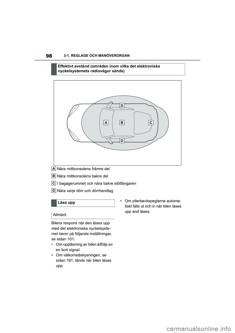 TOYOTA SUPRA 2021 Bruksanvisningar (in Swedish) 983-1. REGLAGE OCH MANÖVERORGAN
Supra Owners Manual_E (from Nov. 20 Prod.)
Nära mittkonsolens främre del
Nära mittkonsolens bakre del
I bagagerummet och nära bakre stötfångaren
Nära varje d TOYOTA SUPRA 2021 Bruksanvisningar (in Swedish) 983-1. REGLAGE OCH MANÖVERORGAN
Supra Owners Manual_E (from Nov. 20 Prod.)
Nära mittkonsolens främre del
Nära mittkonsolens bakre del
I bagagerummet och nära bakre stötfångaren
Nära varje d