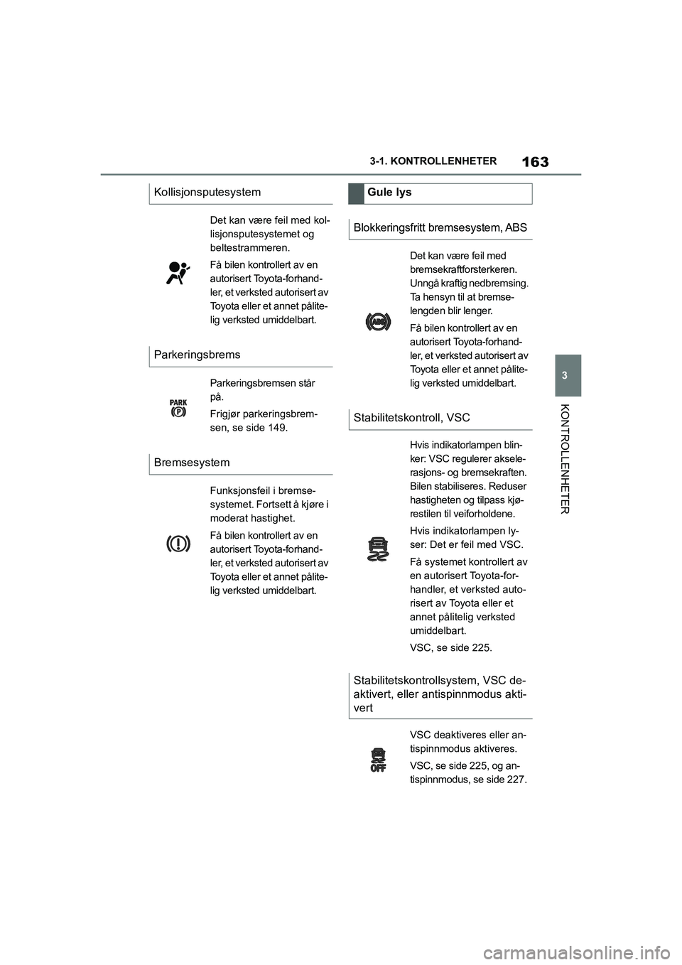 TOYOTA SUPRA 2021 Instruksjoner for bruk (in Norwegian) 163
3
3-1. KONTROLLENHETER
KONTROLLENHETER
Supra Brukerhåndbok_N (fra nov. 20 Prod.)
Kollisjonsputesystem
Det kan være feil med kol-
lisjonsputesystemet og
beltestrammeren.
Få bilen kontrollert a TOYOTA SUPRA 2021 Instruksjoner for bruk (in Norwegian) 163
3
3-1. KONTROLLENHETER
KONTROLLENHETER
Supra Brukerhåndbok_N (fra nov. 20 Prod.)
Kollisjonsputesystem
Det kan være feil med kol-
lisjonsputesystemet og
beltestrammeren.
Få bilen kontrollert a