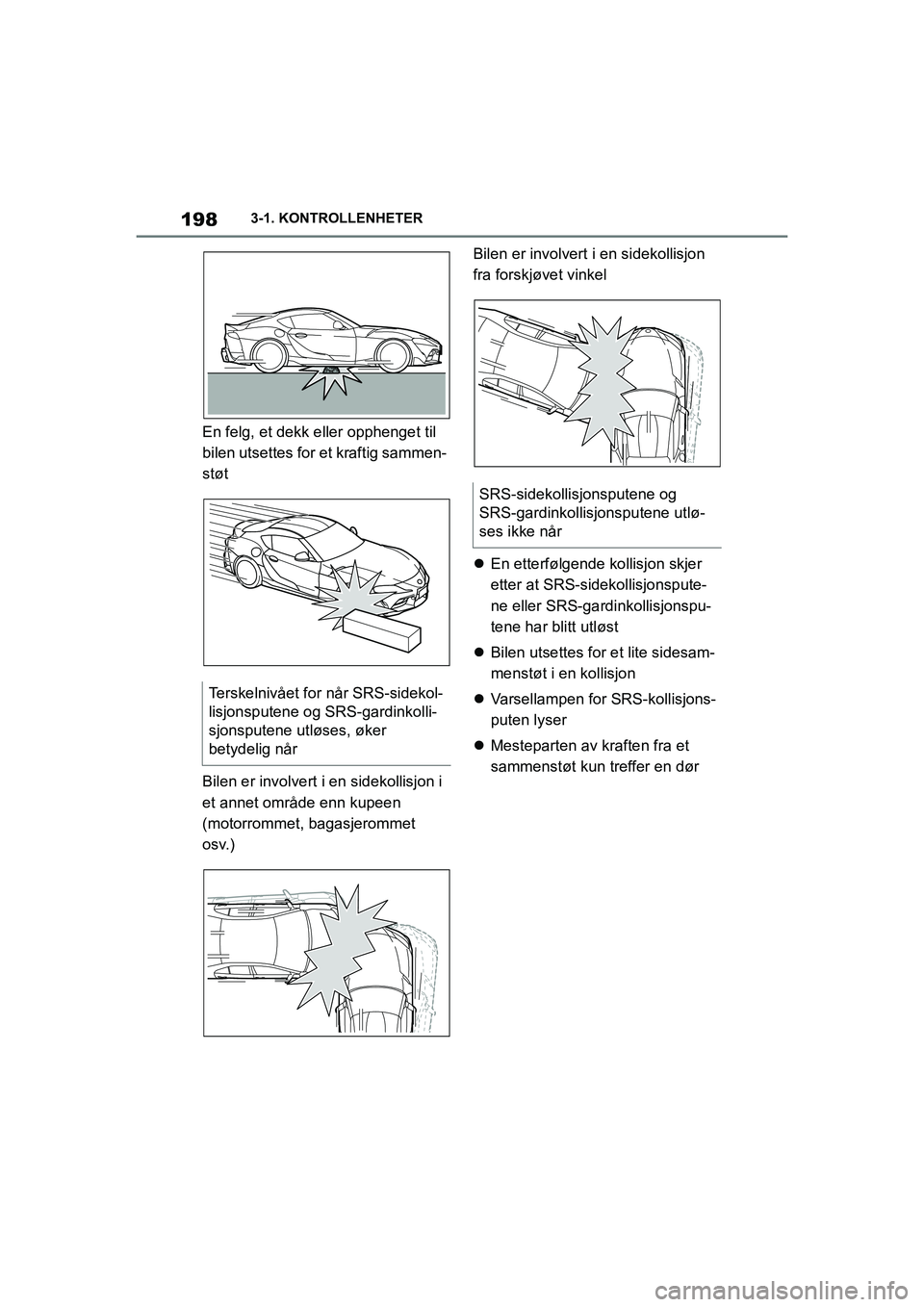 TOYOTA SUPRA 2021 Instruksjoner for bruk (in Norwegian) 1983-1. KONTROLLENHETER
Supra Brukerhåndbok_N (fra nov. 20 Prod.)
En felg, et dekk eller opphenget til
bilen utsettes for et kraftig sammen-
støt
Bilen er involvert i en sidekollisjon i
et annet TOYOTA SUPRA 2021 Instruksjoner for bruk (in Norwegian) 1983-1. KONTROLLENHETER
Supra Brukerhåndbok_N (fra nov. 20 Prod.)
En felg, et dekk eller opphenget til
bilen utsettes for et kraftig sammen-
støt
Bilen er involvert i en sidekollisjon i
et annet