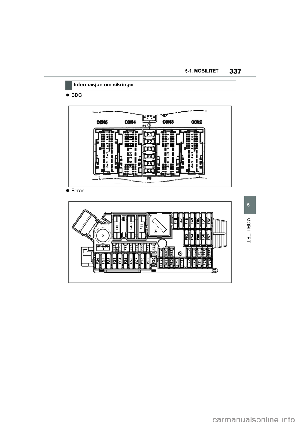 TOYOTA SUPRA 2021 Instruksjoner for bruk (in Norwegian) 337
5
5-1. MOBILITET
MOBILITET
Supra Brukerhåndbok_N (fra nov. 20 Prod.)
BDC
ForanInformasjon om sikringer
OM99X77NO.book Page 337 Tuesday, February 23, 2021 12:45 PM TOYOTA SUPRA 2021 Instruksjoner for bruk (in Norwegian) 337
5
5-1. MOBILITET
MOBILITET
Supra Brukerhåndbok_N (fra nov. 20 Prod.)
BDC
ForanInformasjon om sikringer
OM99X77NO.book Page 337 Tuesday, February 23, 2021 12:45 PM