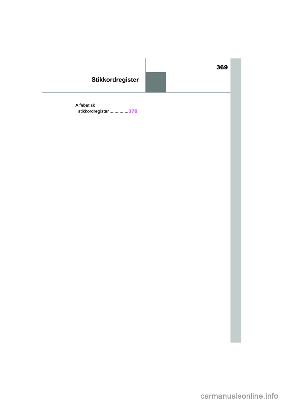 TOYOTA SUPRA 2021 Instruksjoner for bruk (in Norwegian) 369
Supra Brukerhåndbok_N (fra nov. 20 Prod.)
Stikkordregister
.Alfabetisk stikkordregister ............... 370
OM99X77NO.book Page 369 Tuesday, February 23, 2021 12:45 PM TOYOTA SUPRA 2021 Instruksjoner for bruk (in Norwegian) 369
Supra Brukerhåndbok_N (fra nov. 20 Prod.)
Stikkordregister
.Alfabetisk stikkordregister ............... 370
OM99X77NO.book Page 369 Tuesday, February 23, 2021 12:45 PM