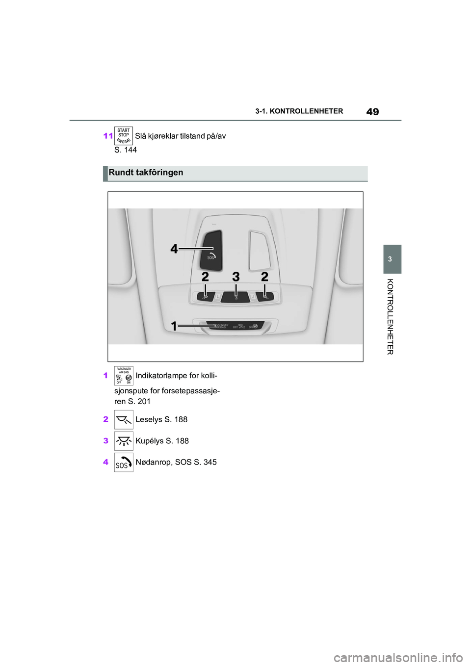 TOYOTA SUPRA 2021 Instruksjoner for bruk (in Norwegian) 49
3
3-1. KONTROLLENHETER
KONTROLLENHETER
Supra Brukerhåndbok_N (fra nov. 20 Prod.)
11
Slå kjøreklar tilstand på/av
S. 144
1 Indikatorlampe for kolli-
sjonspute for forsetepassasje-
ren S. 201 TOYOTA SUPRA 2021 Instruksjoner for bruk (in Norwegian) 49
3
3-1. KONTROLLENHETER
KONTROLLENHETER
Supra Brukerhåndbok_N (fra nov. 20 Prod.)
11
Slå kjøreklar tilstand på/av
S. 144
1 Indikatorlampe for kolli-
sjonspute for forsetepassasje-
ren S. 201