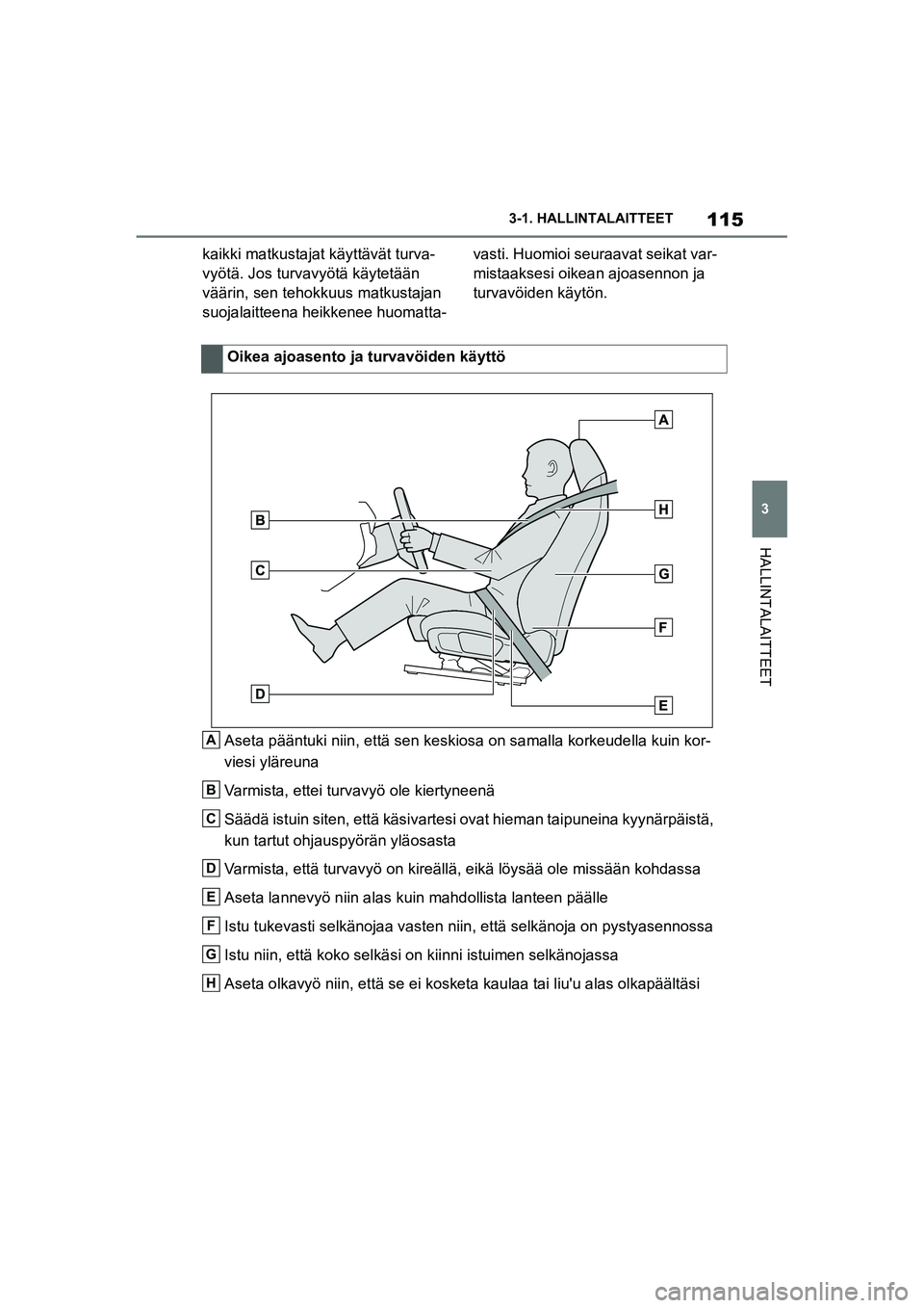 TOYOTA SUPRA 2021  Omistajan Käsikirja (in Finnish) 115
3
3-1. HALLINTALAITTEET
HALLINTALAITTEET
Supran omistajan käsikirja_E (alkaen marraskuu 2020 tuotannosta)
kaikki matkustajat käyttävät turva-
vyötä. Jos turvavyötä käytetään 
väärin, 