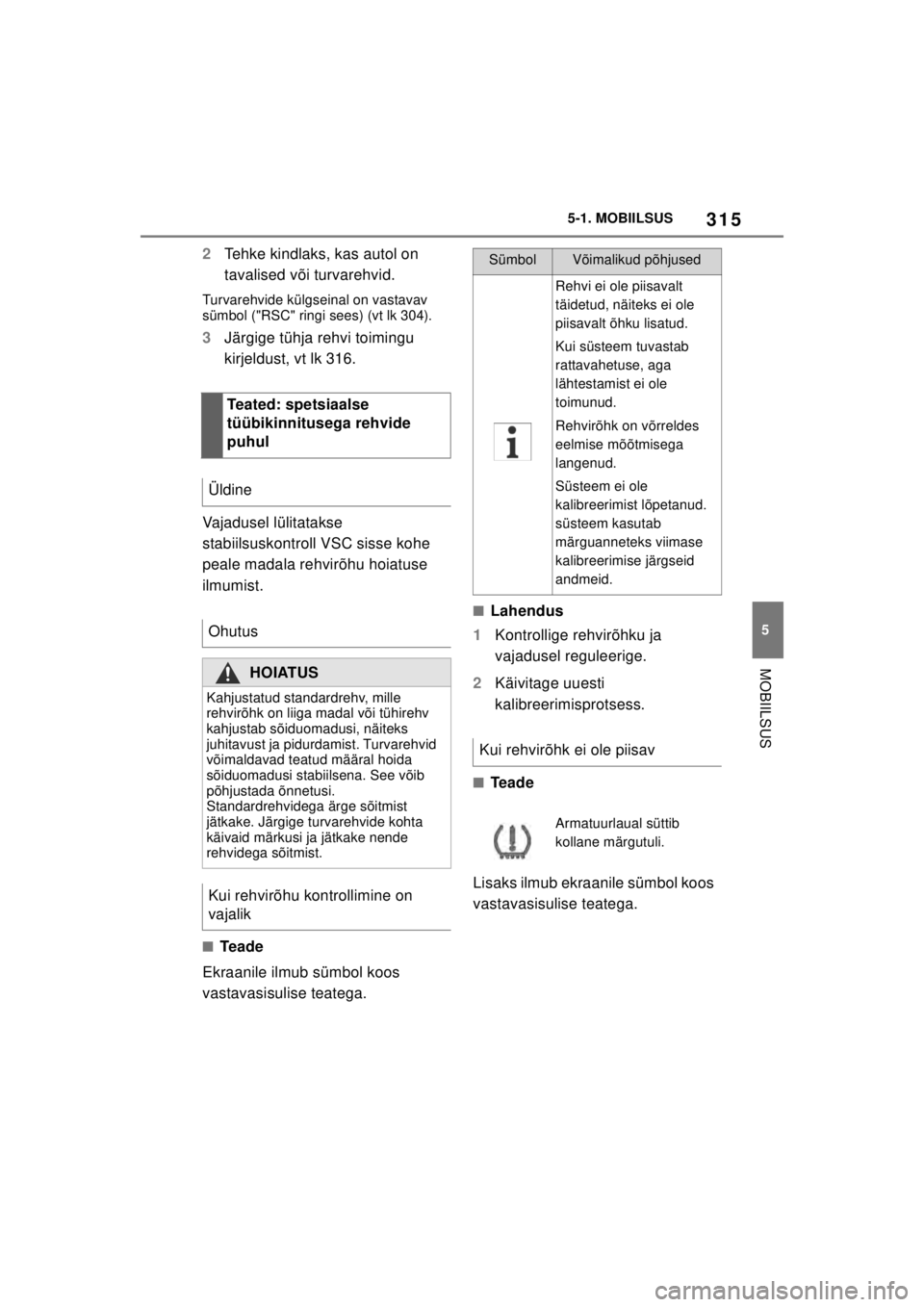TOYOTA SUPRA 2021  Kasutusjuhend (in Estonian) 315
5
5-1. MOBIILSUS
MOBIILSUS
Supra Owner’s Manual_EE (from Nov. ’20 Prod.)
2
Tehke kindlaks, kas autol on 
tavalised või turvarehvid.
Turvarehvide külgseinal on vastavav 
sümbol ("RSC" ringi 