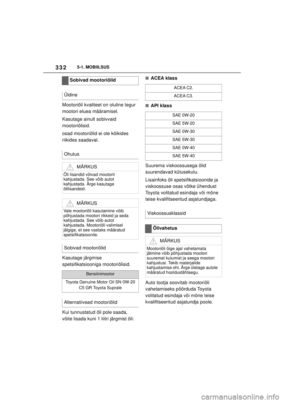 TOYOTA SUPRA 2021  Kasutusjuhend (in Estonian) 3325-1. MOBIILSUS
Supra Owner’s Manual_EE (from Nov. ’20 Prod.)
Mootoriõli kvaliteet on oluline tegur 
mootori eluea määramisel.
Kasutage ainult sobivvaid 
mootoriõlisid.
osad mootoriõlid ei 
