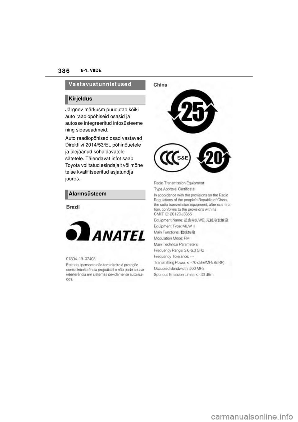 TOYOTA SUPRA 2021  Kasutusjuhend (in Estonian) 3866-1. VIIDE
Supra Owner’s Manual_EE (from Nov. ’20 Prod.)
Järgnev märkusm puudutab kõiki 
auto raadiopõhiseid osasid ja 
autosse integreeritud infosüsteeme 
ning sideseadmeid.
Auto raadiop