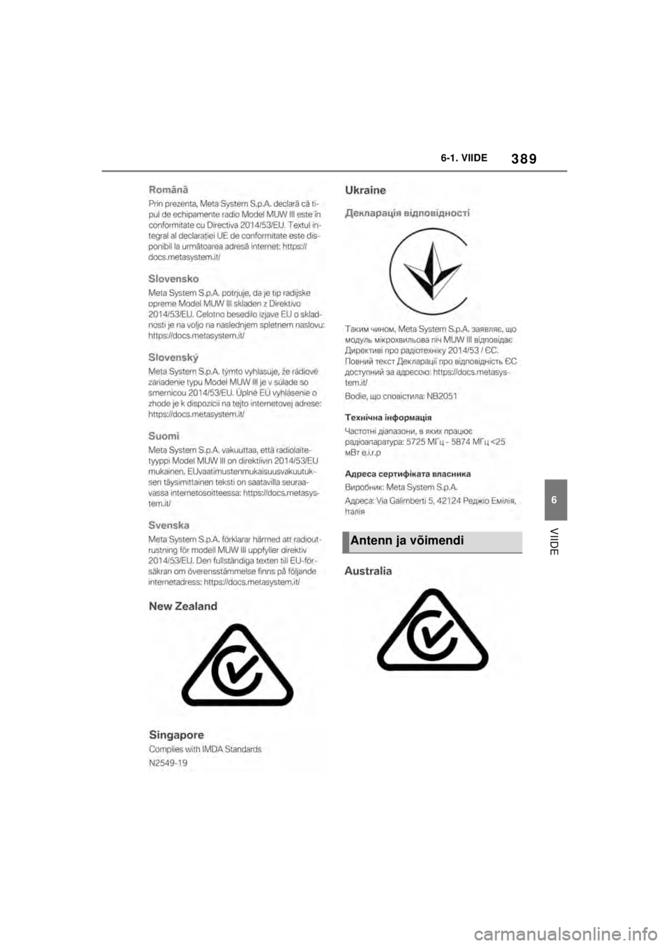 TOYOTA SUPRA 2021  Kasutusjuhend (in Estonian) 389
6
6-1. VIIDE
VIIDE
Supra Owner’s Manual_EE (from Nov. ’20 Prod.)
Antenn ja võimendi
Supra_OM_General_OM99X84EE_1_2011.book  Page 389  Monday, January 11, 2021  1:05 PM 