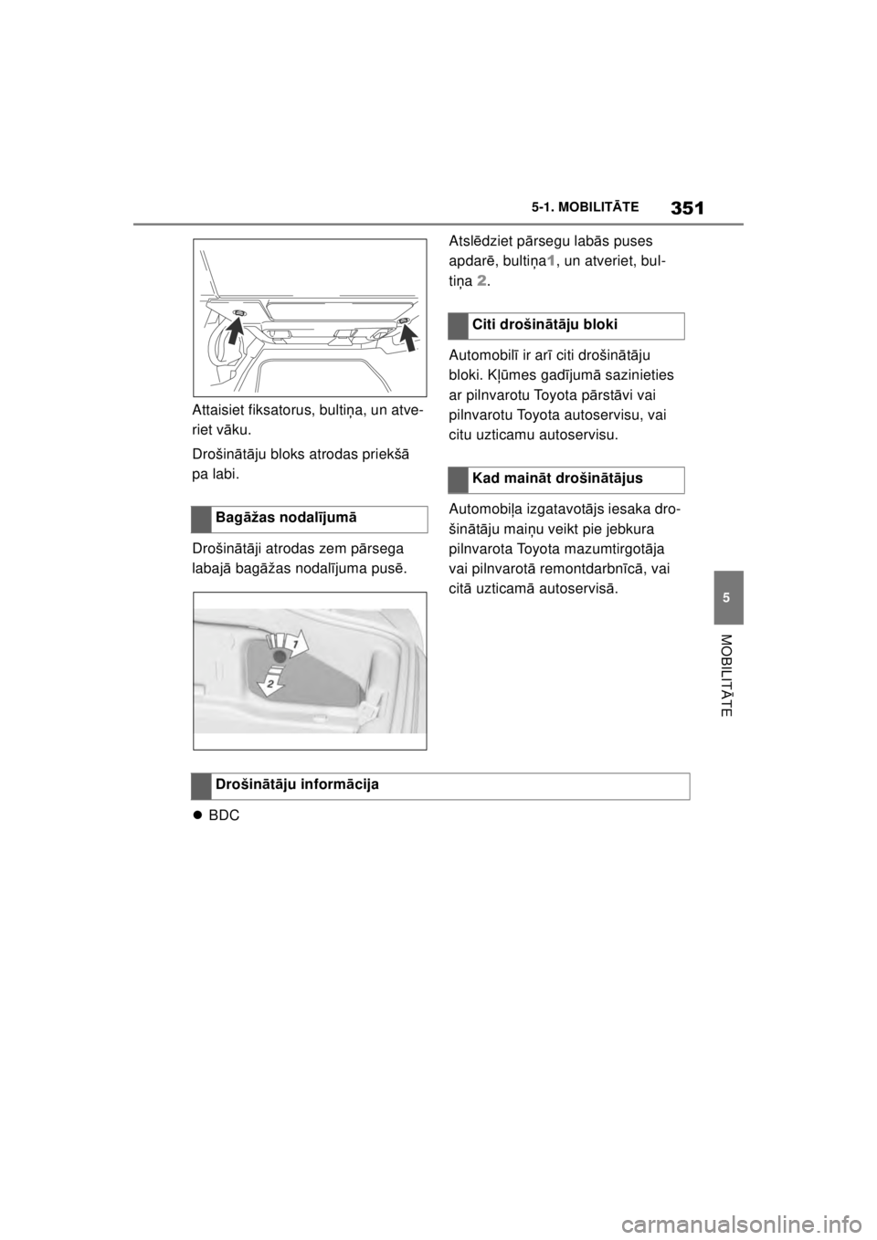 TOYOTA SUPRA 2021 Lietošanas Instrukcija (in Latvian) 351
5
5-1. MOBILITĀ
TE
MOBILITĀTE
Supra Owner’s Manual_LV (from Nov. ’20 Prod.)
Attaisiet fiksatorus, bulti ņa, un atve-
riet v āku.
Drošin ātā ju bloks atrodas priekš ā
pa labi.
Drošin TOYOTA SUPRA 2021 Lietošanas Instrukcija (in Latvian) 351
5
5-1. MOBILITĀ
TE
MOBILITĀTE
Supra Owner’s Manual_LV (from Nov. ’20 Prod.)
Attaisiet fiksatorus, bulti ņa, un atve-
riet v āku.
Drošin ātā ju bloks atrodas priekš ā
pa labi.
Drošin