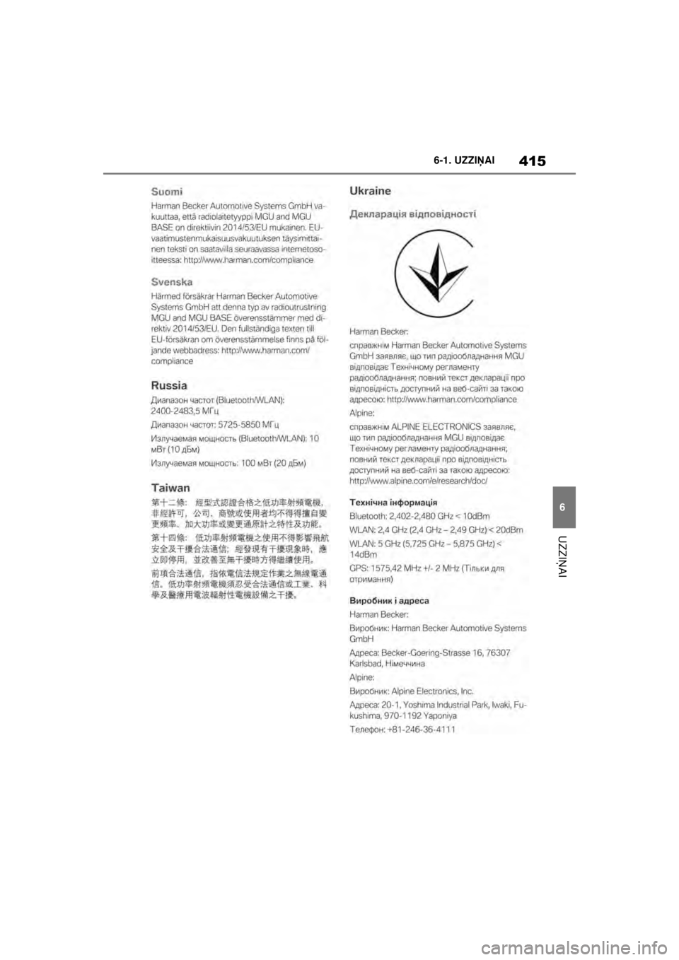 TOYOTA SUPRA 2021  Lietošanas Instrukcija (in Latvian) 415
6
6-1. UZZI
ŅAI
UZZI ŅAI
Supra Owner’s Manual_LV (from Nov. ’20 Prod.)
Supra_OM_General_OM99X84LV_1_2011.book  Page 415  Sunday, December 27, 2020  12:37 PM 