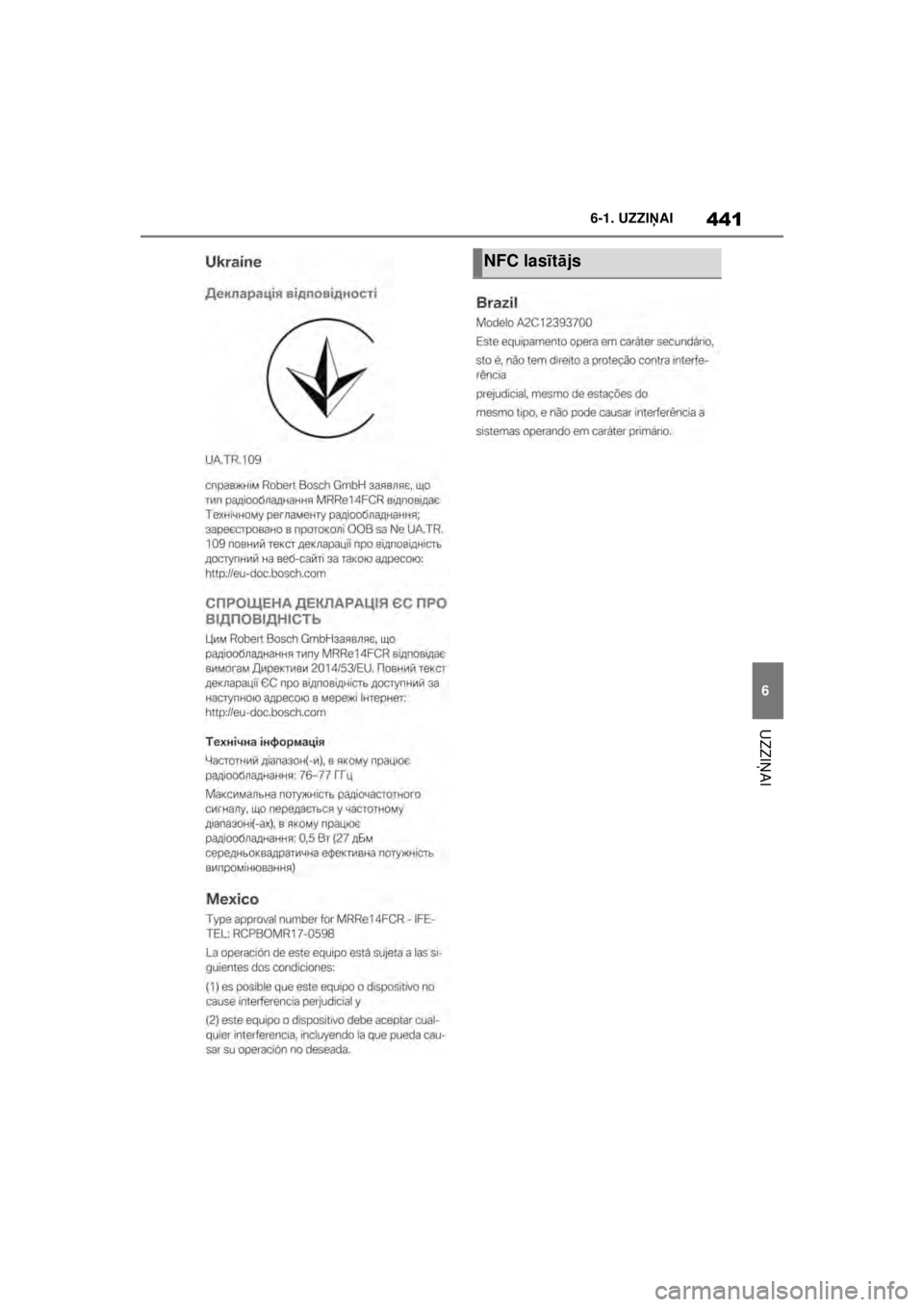 TOYOTA SUPRA 2021  Lietošanas Instrukcija (in Latvian) 441
6
6-1. UZZI
ŅAI
UZZI ŅAI
Supra Owner’s Manual_LV (from Nov. ’20 Prod.)
NFC las ītā js
Supra_OM_General_OM99X84LV_1_2011.book  Page 441  Sunday, December 27, 2020  12:37 PM 