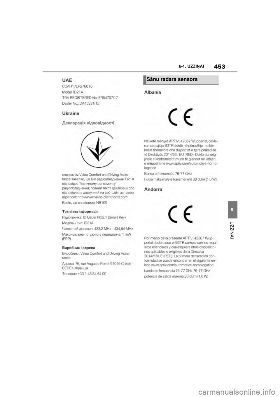 TOYOTA SUPRA 2021  Lietošanas Instrukcija (in Latvian) 453
6
6-1. UZZI
ŅAI
UZZI ŅAI
Supra Owner’s Manual_LV (from Nov. ’20 Prod.)
Sā nu radara sensors
Supra_OM_General_OM99X84LV_1_2011.book  Page 453  Sunday, December 27, 2020  12:37 PM 