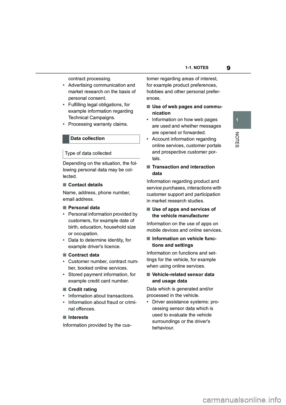 TOYOTA SUPRA 2022 User Guide 9
1
1-1. NOTES
NOTES
contract processing.
• Advertising communication and
market research on the basis of
personal consent.
• Fulfilling legal obligations, for
example information regarding TOYOTA SUPRA 2022 User Guide 9
1
1-1. NOTES
NOTES
contract processing.
• Advertising communication and
market research on the basis of
personal consent.
• Fulfilling legal obligations, for
example information regarding