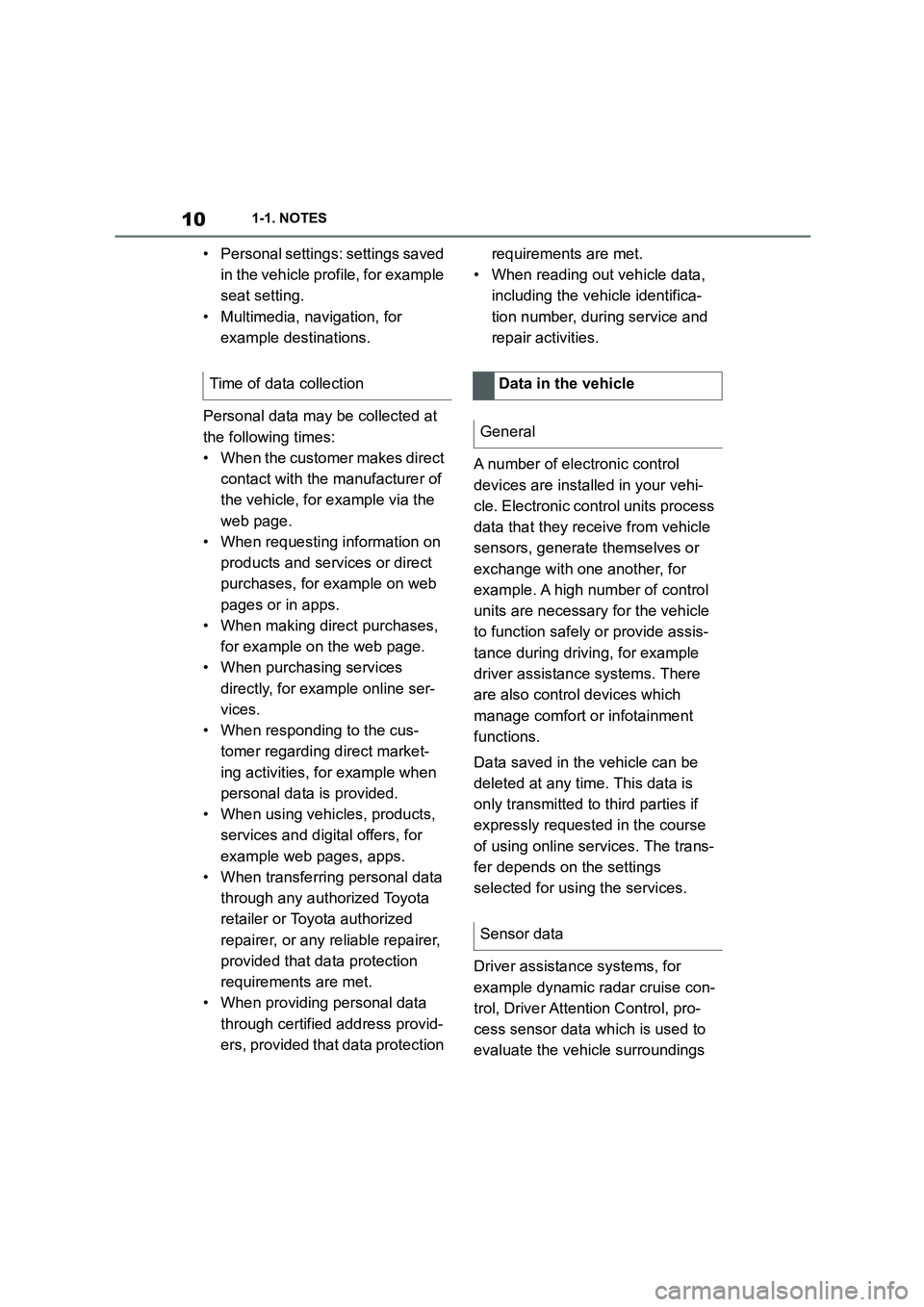 TOYOTA SUPRA 2022 User Guide 101-1. NOTES
• Personal settings: settings saved
in the vehicle profile, for example
seat setting.
• Multimedia, navigation, for
example destinations.
Personal data may be collected at
the TOYOTA SUPRA 2022 User Guide 101-1. NOTES
• Personal settings: settings saved
in the vehicle profile, for example
seat setting.
• Multimedia, navigation, for
example destinations.
Personal data may be collected at
the