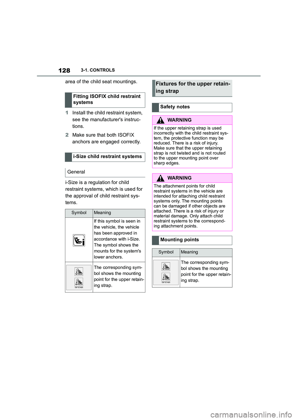 TOYOTA SUPRA 2022 Owners Manual 1283-1. CONTROLS
area of the child seat mountings.
1 Install the child restraint system,
see the manufacturers instruc-
tions.
2 Make sure that both ISOFIX
anchors are engaged correctly.
i-Siz TOYOTA SUPRA 2022 Owners Manual 1283-1. CONTROLS
area of the child seat mountings.
1 Install the child restraint system,
see the manufacturers instruc-
tions.
2 Make sure that both ISOFIX
anchors are engaged correctly.
i-Siz