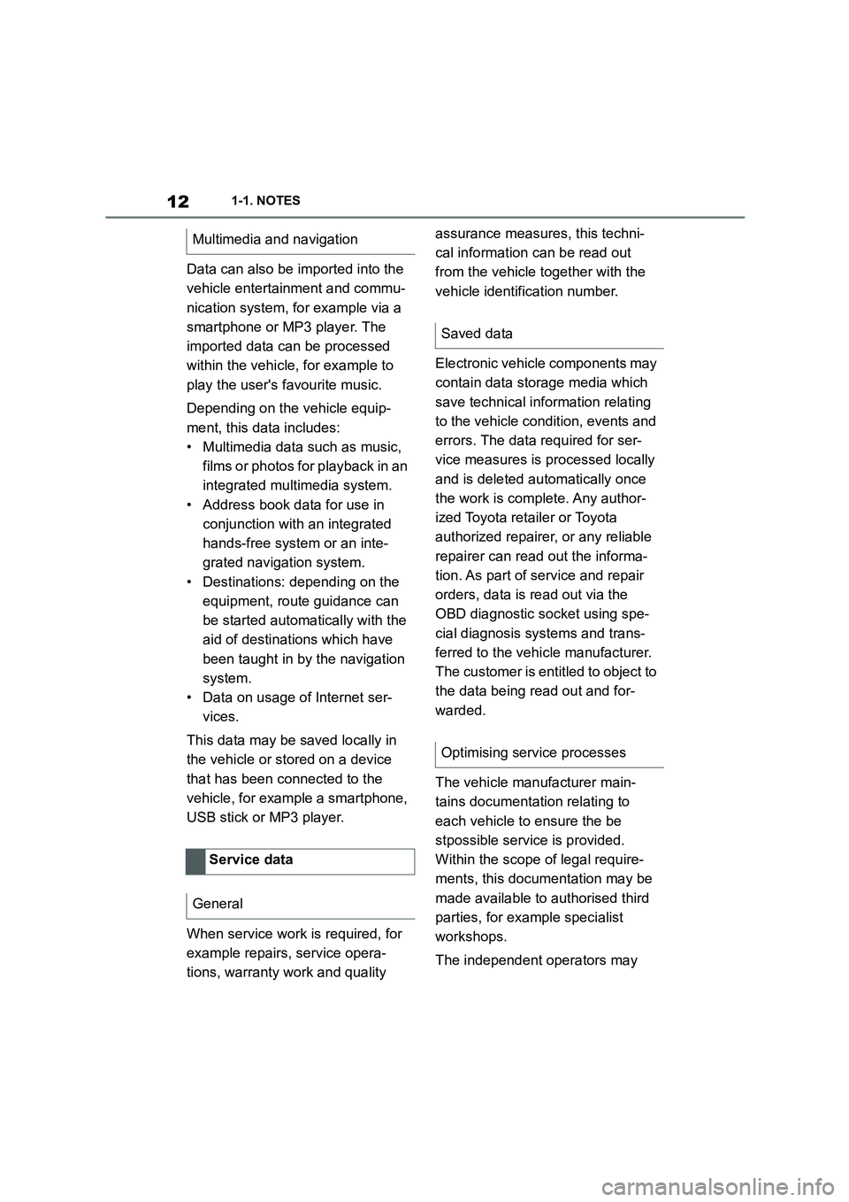 TOYOTA SUPRA 2022 User Guide 121-1. NOTES
Data can also be imported into the
vehicle entertainment and commu-
nication system, for example via a
smartphone or MP3 player. The
imported data can be processed
within the vehicle TOYOTA SUPRA 2022 User Guide 121-1. NOTES
Data can also be imported into the
vehicle entertainment and commu-
nication system, for example via a
smartphone or MP3 player. The
imported data can be processed
within the vehicle
