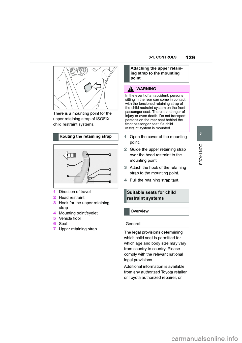 TOYOTA SUPRA 2022 Owners Manual 129
3
3-1. CONTROLS
CONTROLS
There is a mounting point for the
upper retaining strap of ISOFIX
child restraint systems.
1 Direction of travel
2 Head restraint
3 Hook for the upper retaining
s TOYOTA SUPRA 2022 Owners Manual 129
3
3-1. CONTROLS
CONTROLS
There is a mounting point for the
upper retaining strap of ISOFIX
child restraint systems.
1 Direction of travel
2 Head restraint
3 Hook for the upper retaining
s